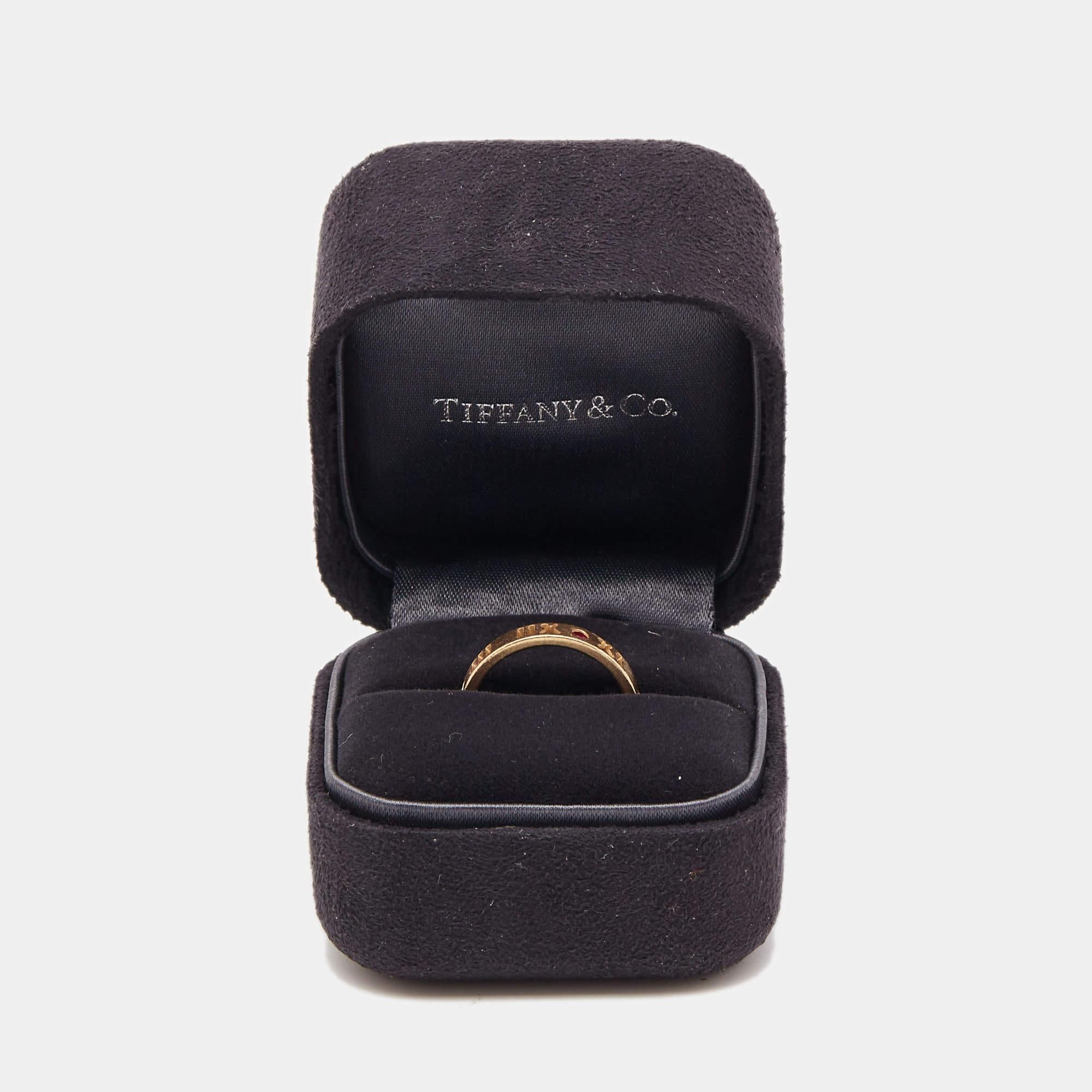 Tiffany & Co. Atlas Pierced Rubies 18k Rose Gold Band Ring Size 52 2
