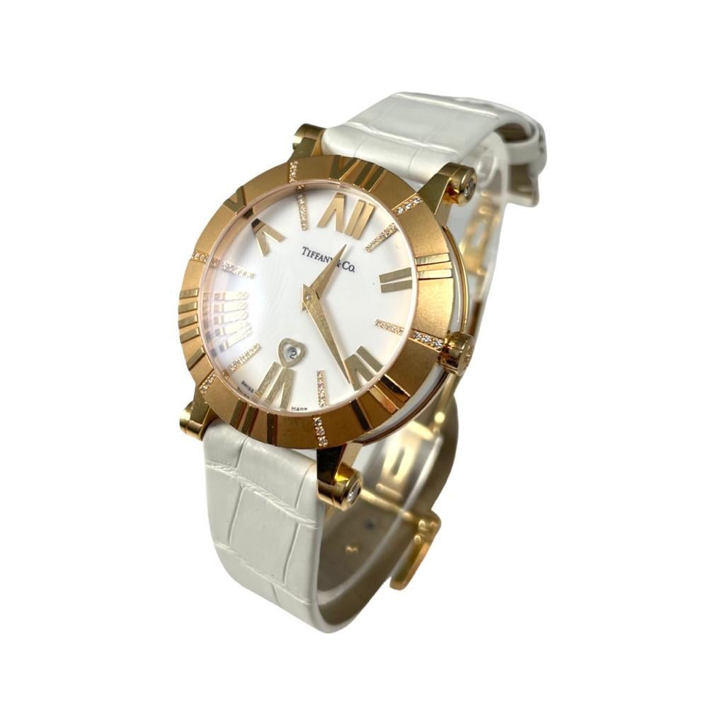 Brand: Tiffany & Co.

Model: Atlas

Reference: T10013885

Movement: Quartz

Case Size: 36 mm

Case Material: Rose Gold

Bracelet Material: Leather

Caseback: Closed

Crystal: Scratch-Resistant Sapphire Glass

Dial: White with Roman