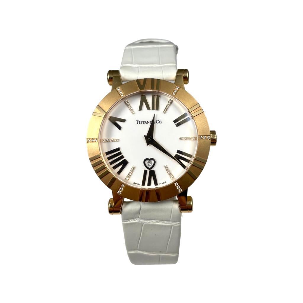 Round Cut Tiffany & Co. Atlas Ref. T10013885 White Strap 18k Rose Gold with Diamonds Watch For Sale