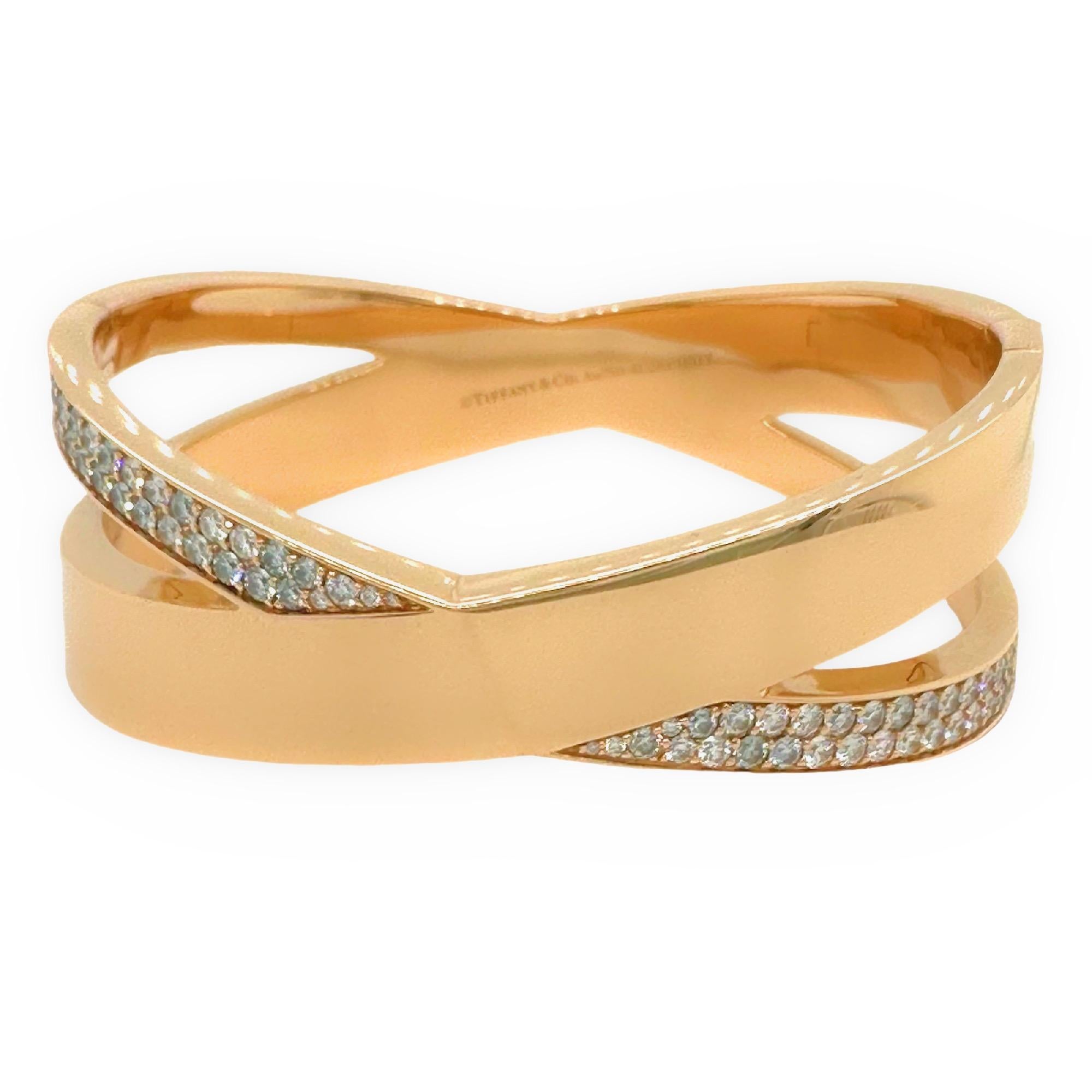 Round Cut Tiffany & Co. Atlas Wide X 2.27 tcw Diamond Bangle Bracelet 18kt Rose Gold For Sale