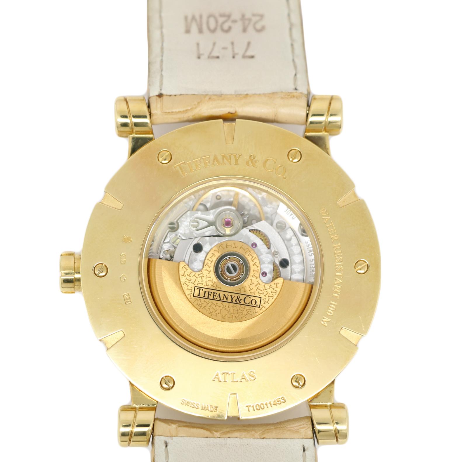 Tiffany & Co. Atlas Yellow Gold Automatic Date Watch with Beige Leather Strap In Excellent Condition For Sale In Naples, FL