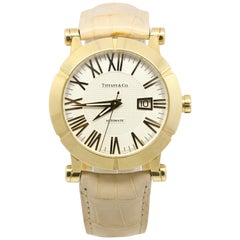 Tiffany & Co. Atlas Yellow Gold Automatic Date Watch with Beige Leather Strap