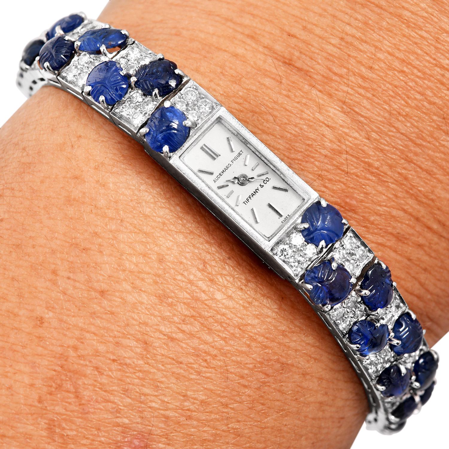 Women's Tiffany & Co. Audemars Piguet Platinum Sapphire Diamond Watch For Sale