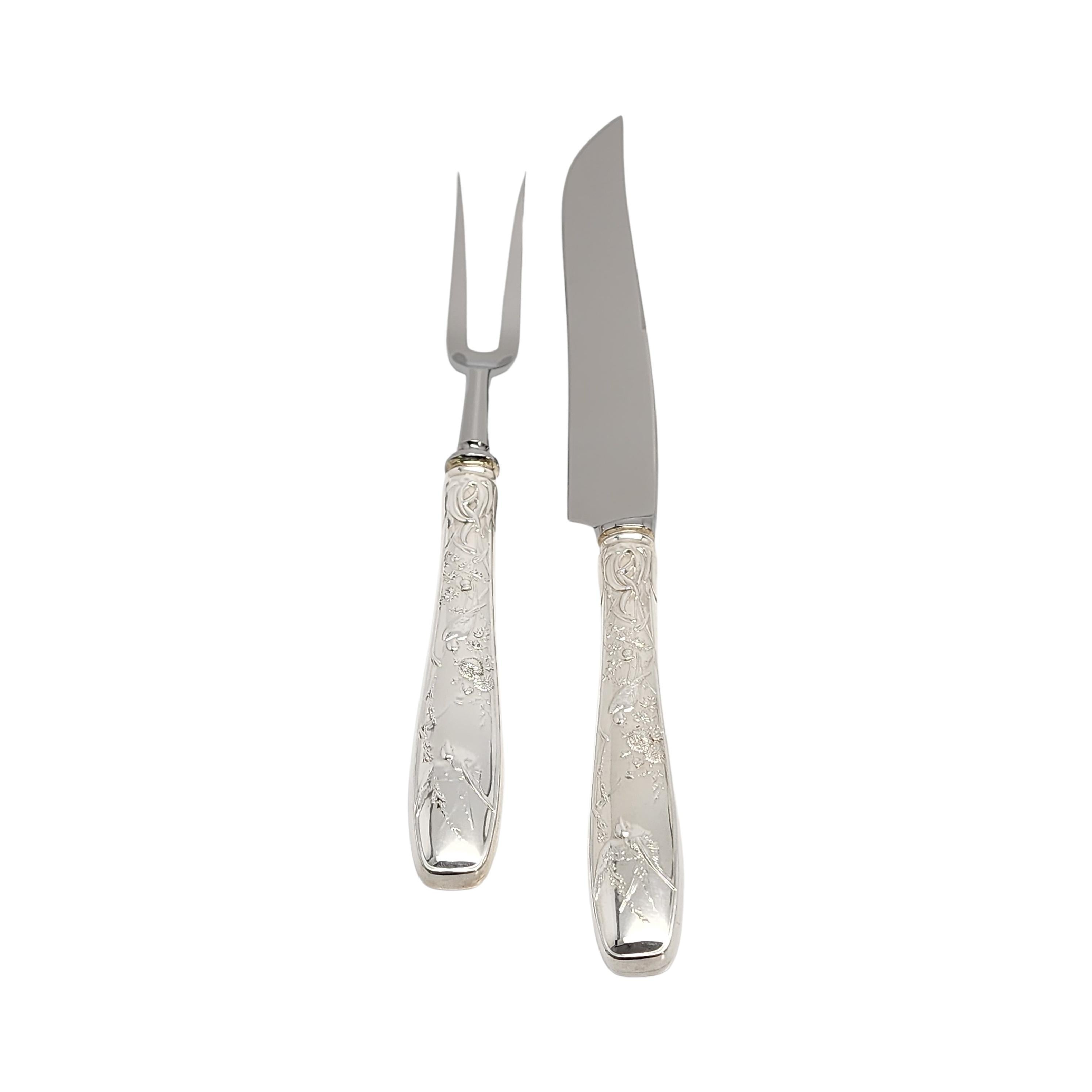 Sterling silver carving set with knife and fork by Tiffany & Co in the Audubon pattern with pouch.

No monogram

Designed by Edward C. Moore in 1871, the Audubon pattern was inspired by Japanese bird paintings of the 19th century. This 2 piece set
