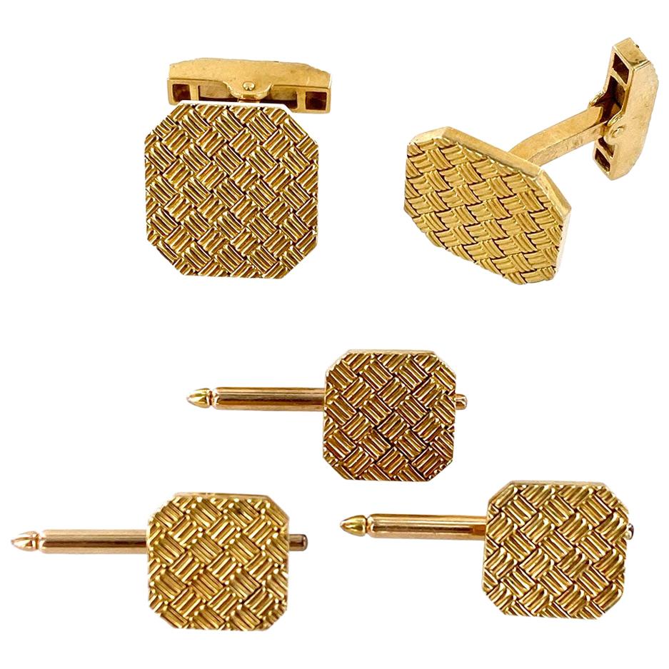 Tiffany & Co. Basket Weave 18 Karat Yellow Gold Cufflinks Tuxedo Stud Set