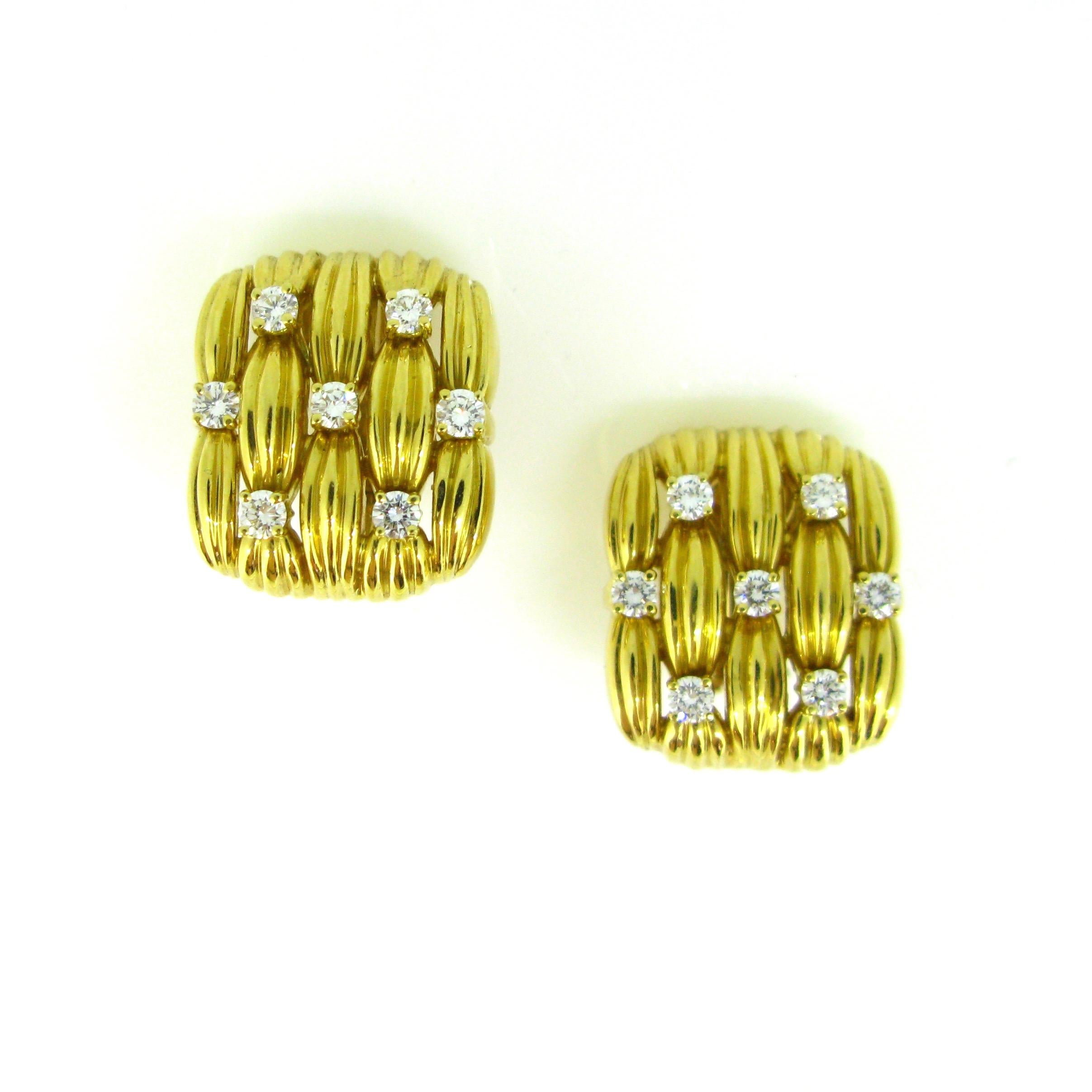 Round Cut Tiffany & Co. Basket Weaves Diamonds Yellow Gold Clip Earrings