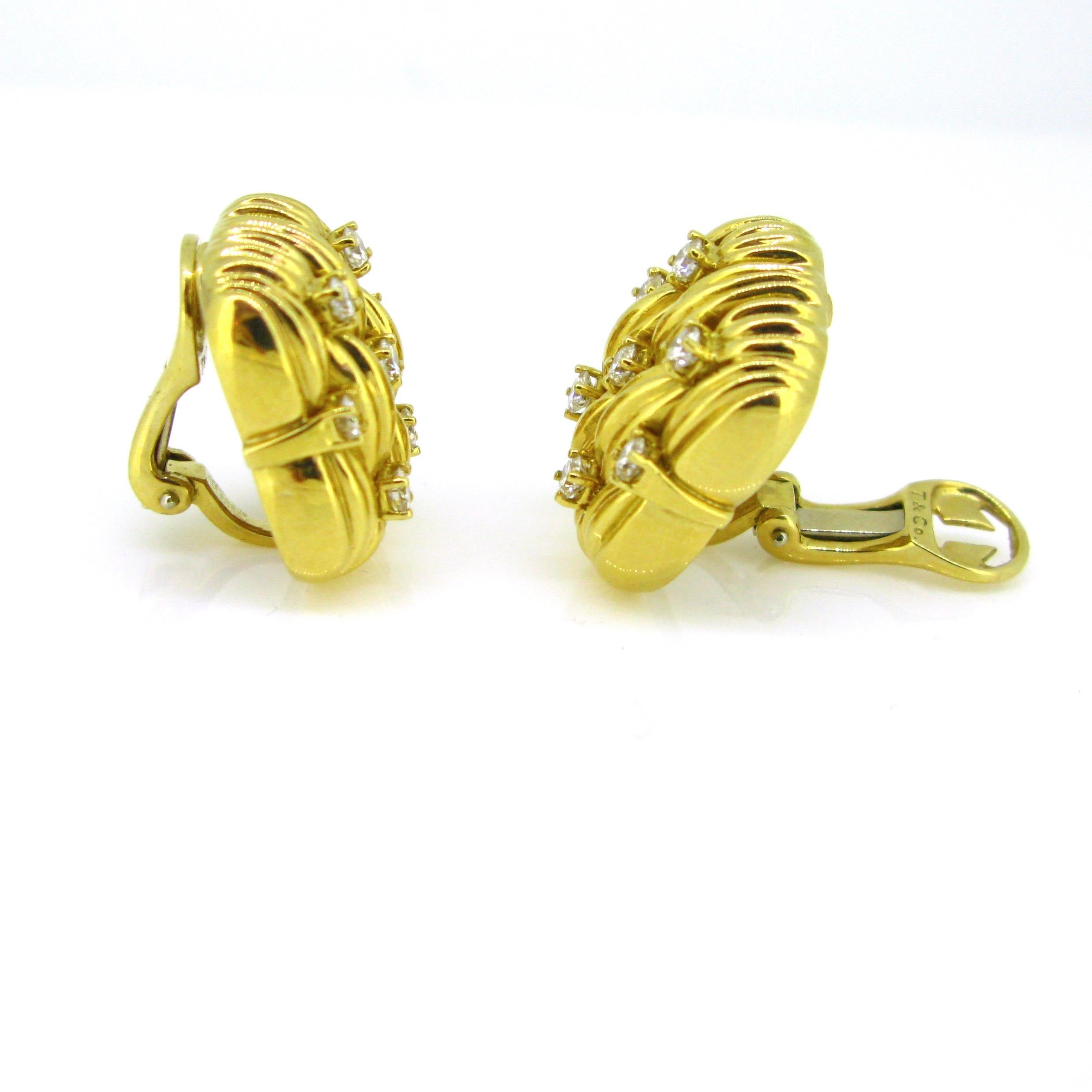 Women's or Men's Tiffany & Co. Basket Weaves Diamonds Yellow Gold Clip Earrings