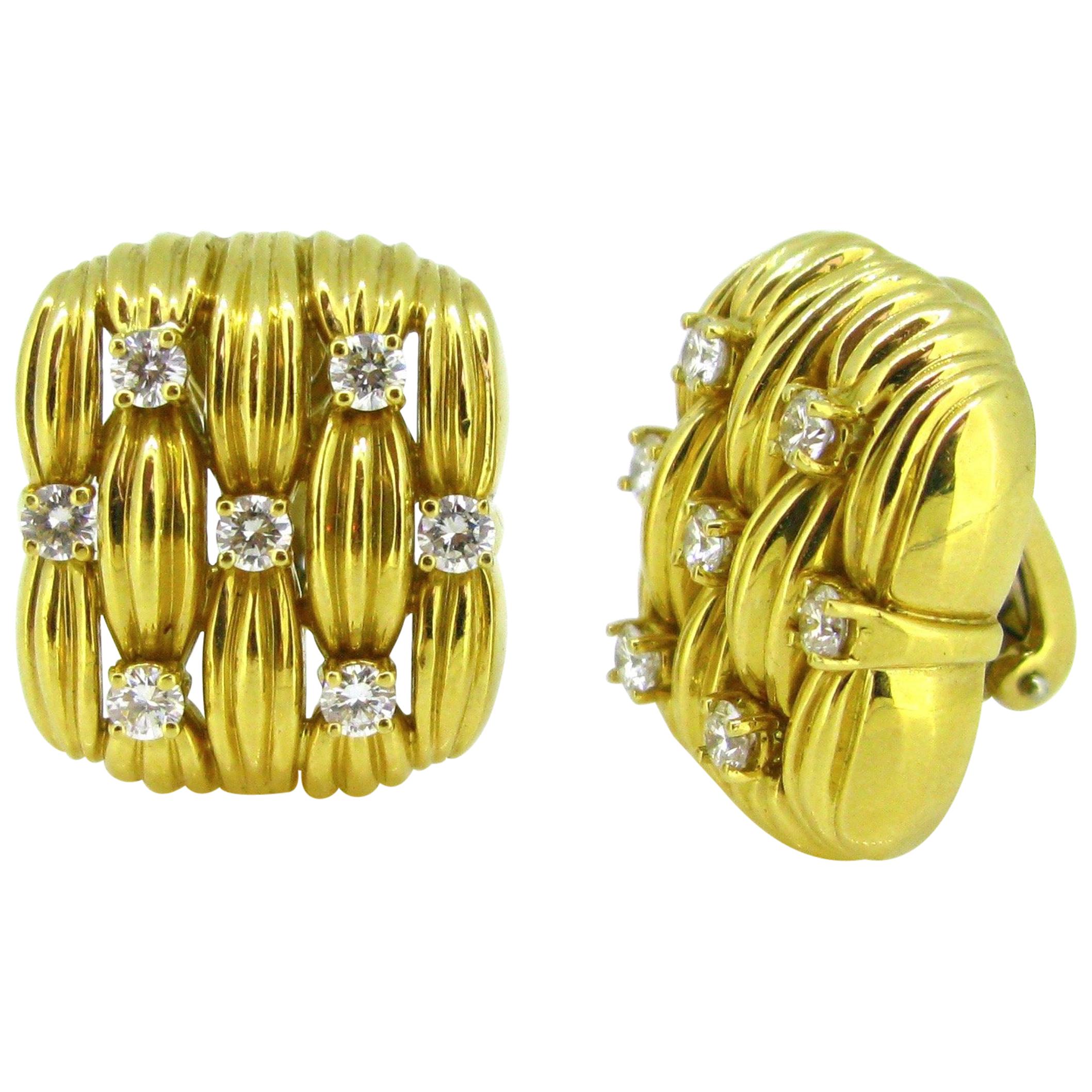 Tiffany & Co. Basket Weaves Diamonds Yellow Gold Clip Earrings