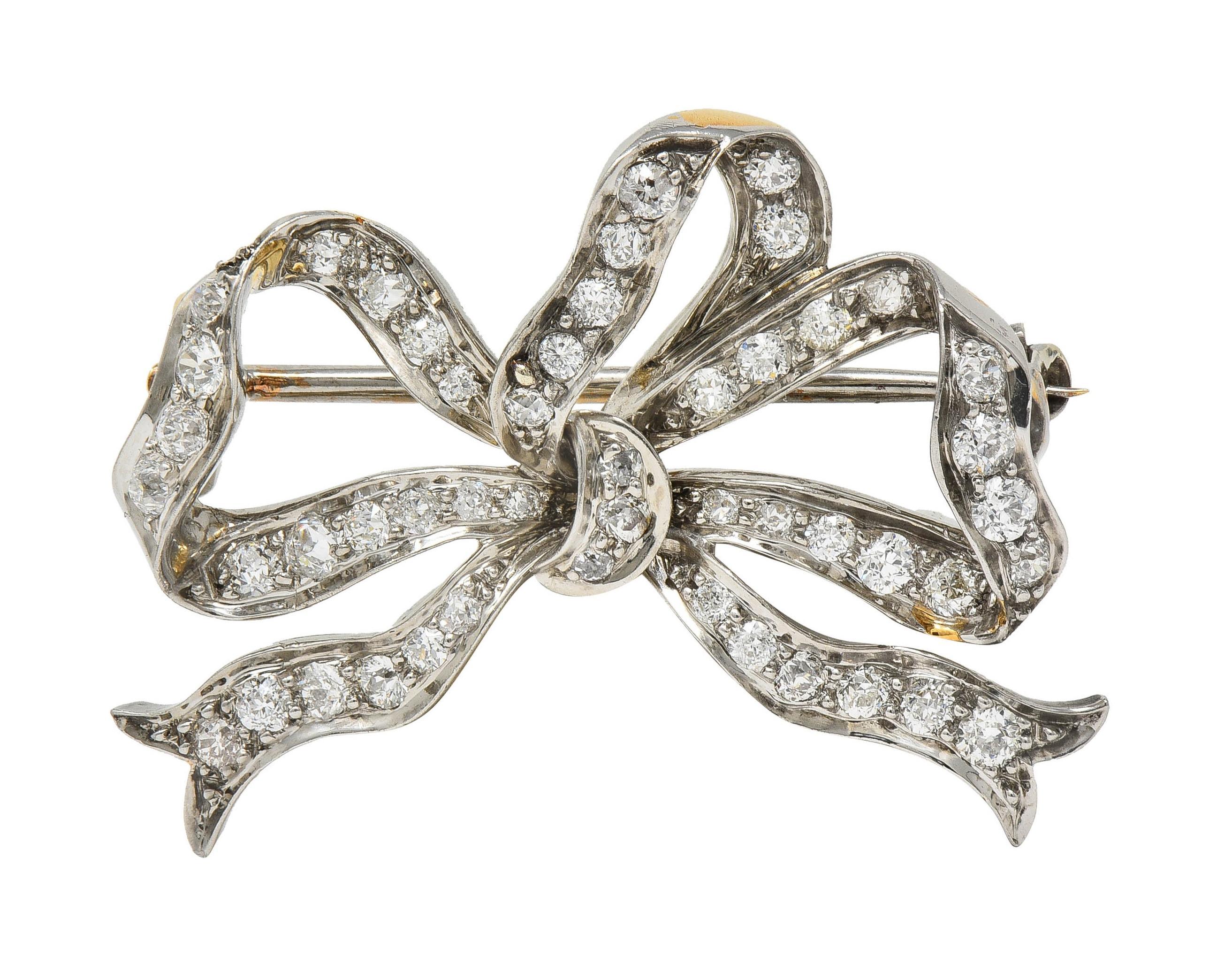 Tiffany & Co. Belle Epoque Antique Diamond Platinum 18 Karat Gold Bow Brooch For Sale 4