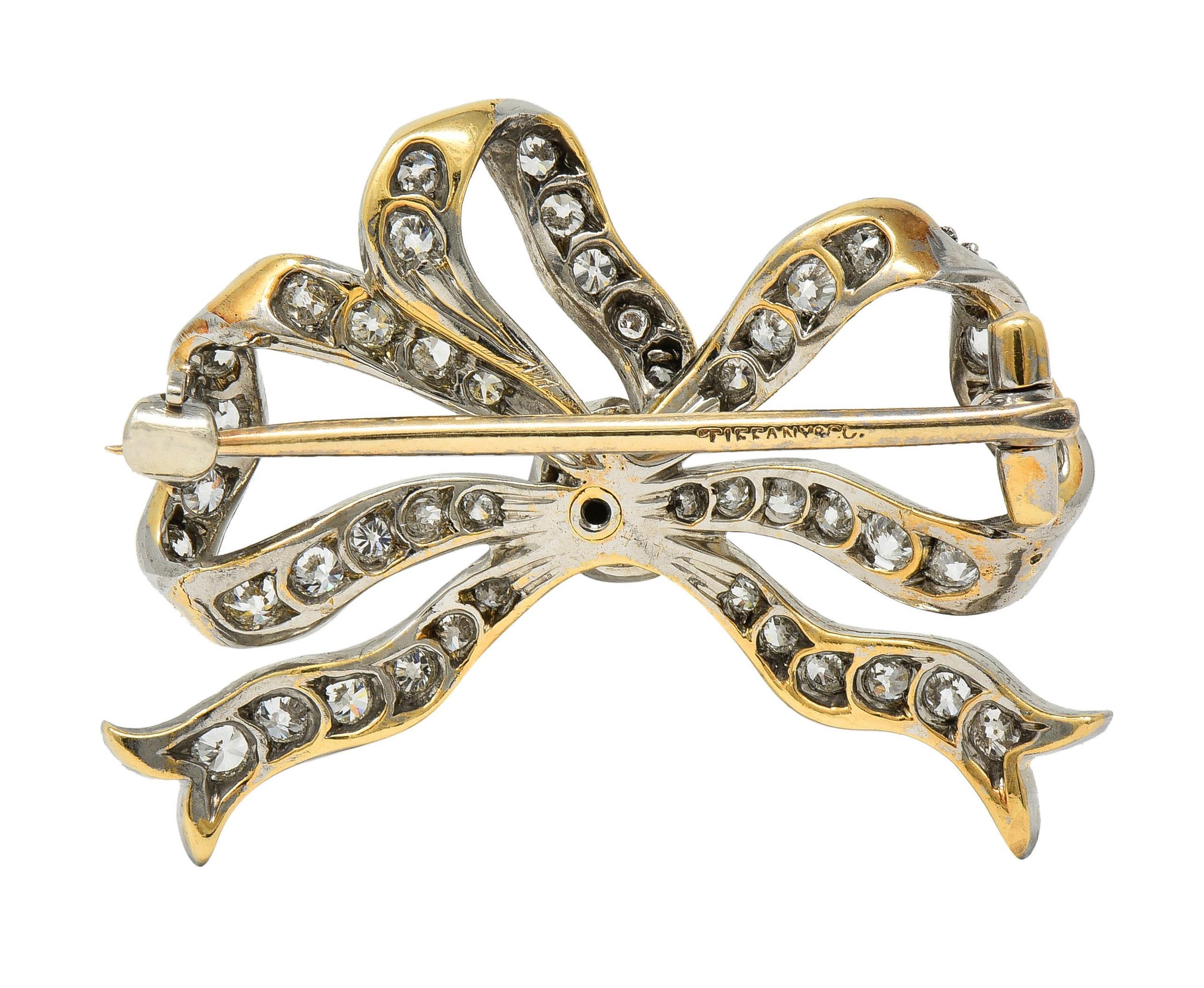 Edwardian Tiffany & Co. Belle Epoque Antique Diamond Platinum 18 Karat Gold Bow Brooch For Sale