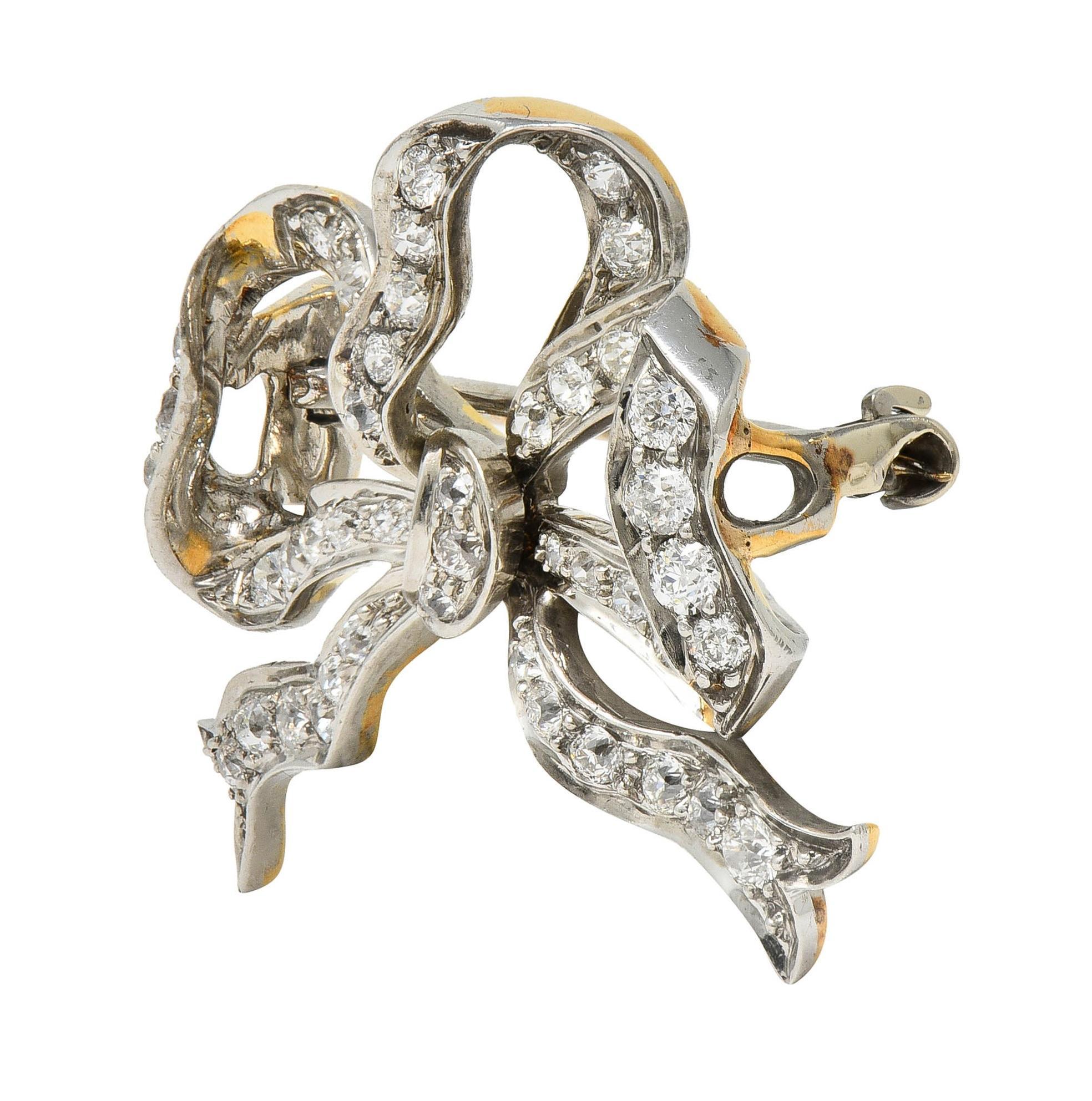 Old European Cut Tiffany & Co. Belle Epoque Antique Diamond Platinum 18 Karat Gold Bow Brooch For Sale