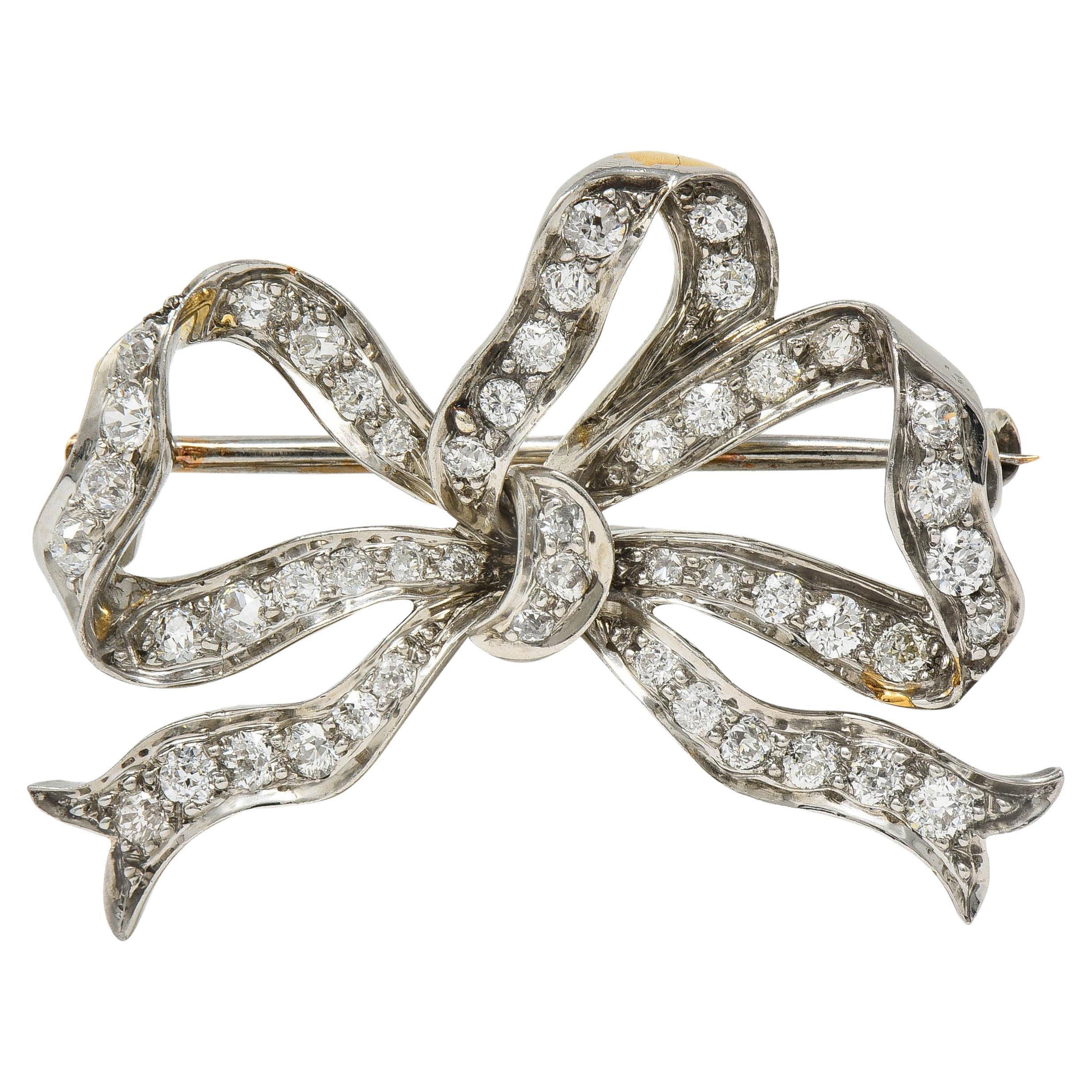 Tiffany & Co. Belle Epoque Antique Diamond Platinum 18 Karat Gold Bow Brooch For Sale