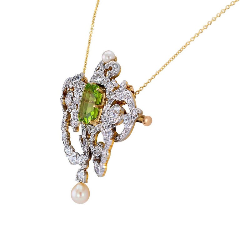 Old European Cut Tiffany & Co. Belle Époque Peridot Diamond Pearl Gold Platinum Brooch Pendant