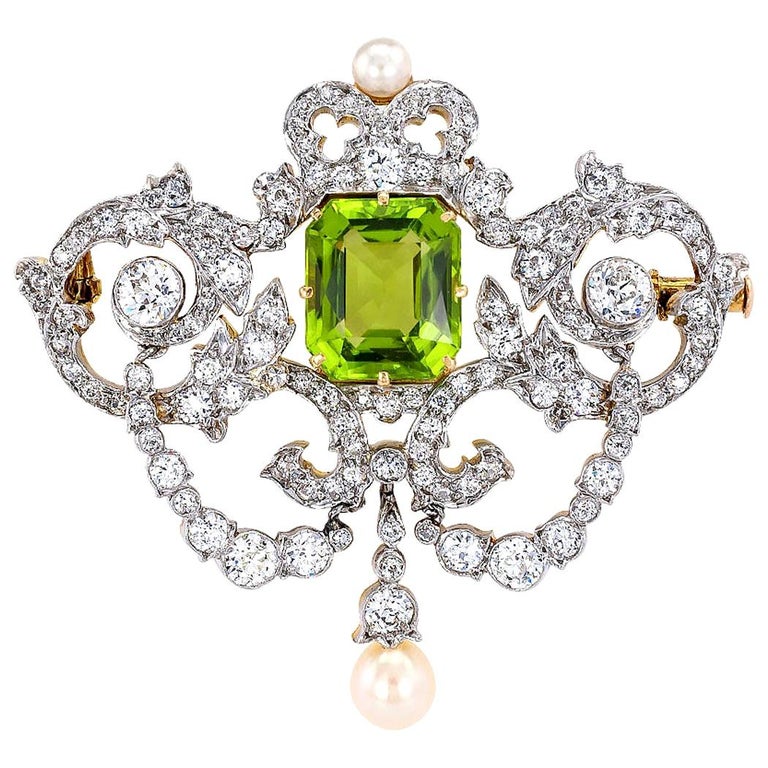 Tiffany & Co. Belle Époque Peridot Diamond Pearl Gold Platinum Brooch Pendant