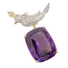 Tiffany & Co. Bird on a Rock Purple Amethyst Diamond 18K Gold Platinum Brooch