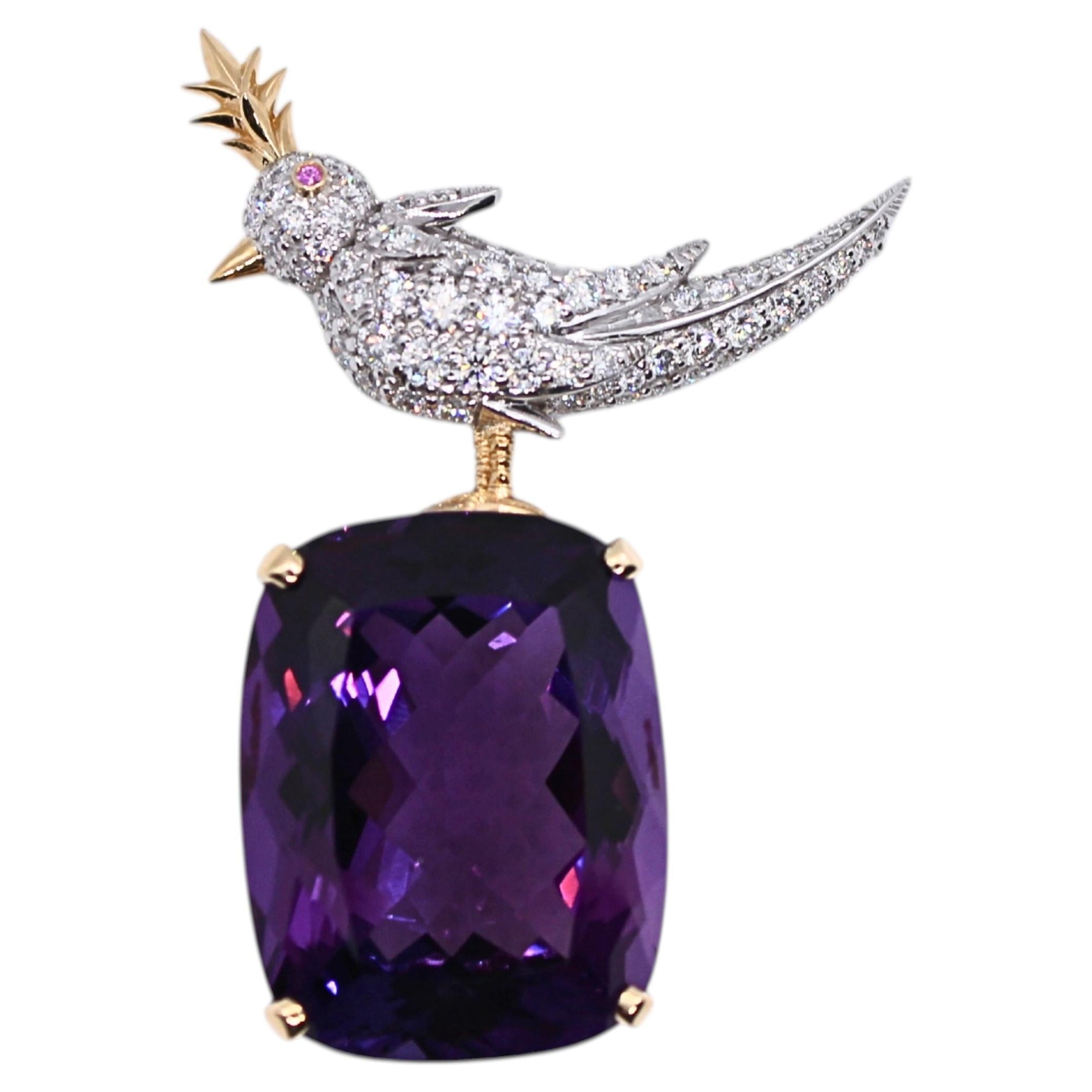 Tiffany & Co. Bird on a Rock Purple Amethyst Diamond 18K Gold Platinum Brooch