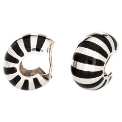Tiffany & Co Black Enamel Earrings Sterling Silver Vintage 80s Stripe Clip On
