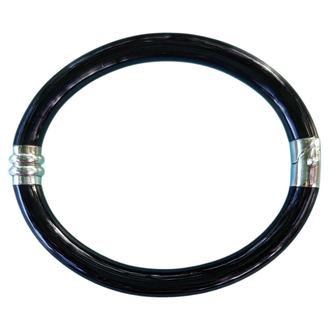 Tiffany & Co. Black Enamel Sterling Silver Hinged Bangle Bracelet Italy