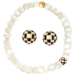 Tiffany Necklace And Ear Clips 18K Gold Carved Black Jade And Mother Of Pearl