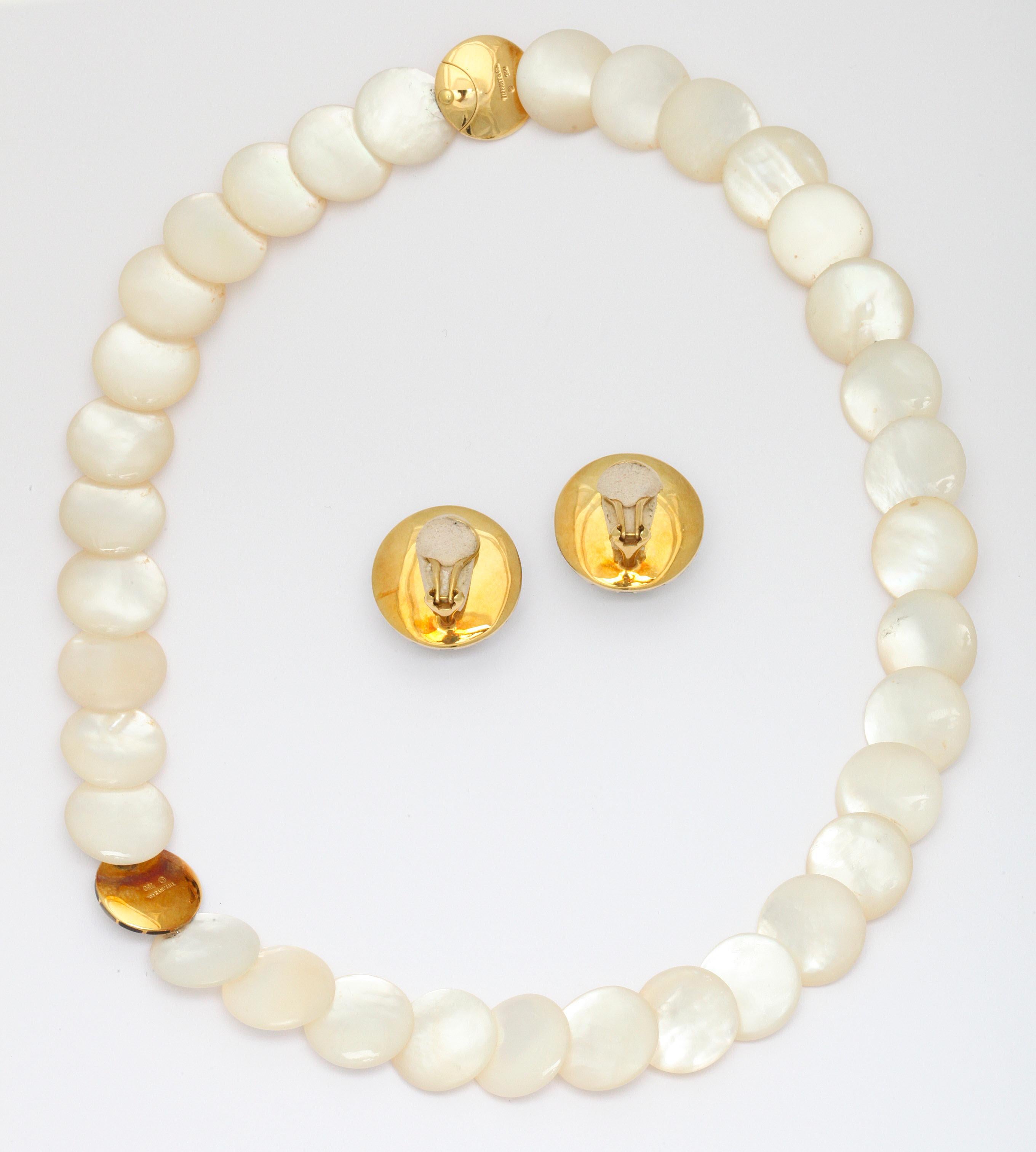Mixed Cut Tiffany Necklace And Ear Clips 18K Gold Carved Black Jade And Mother Of Pearl For Sale