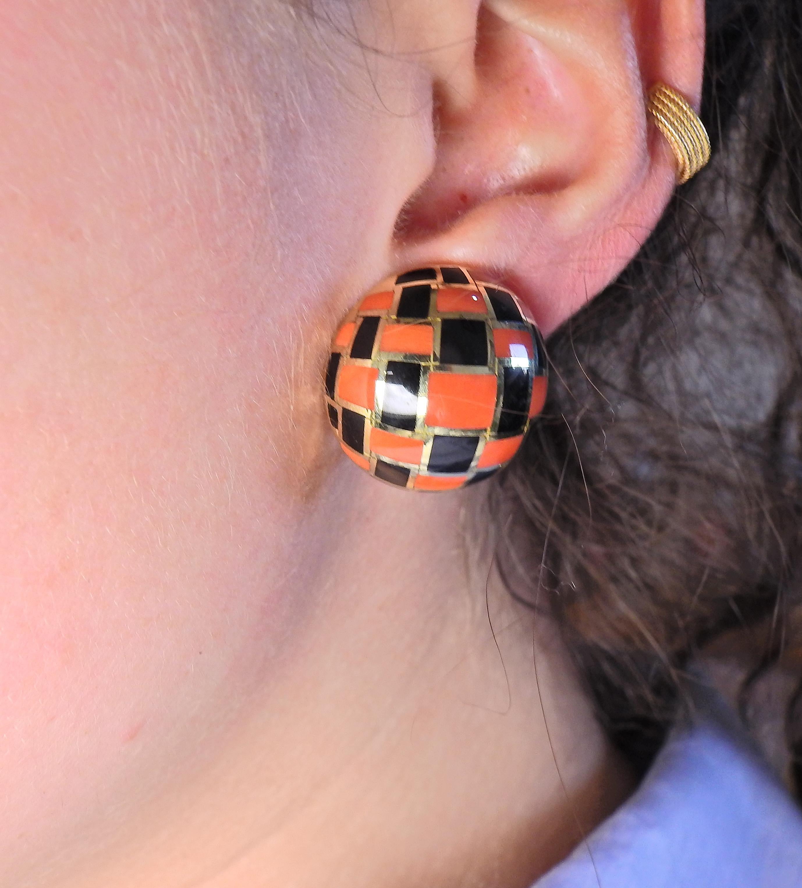 Square Cut Tiffany & Co Black Jade Coral Gold Checkered Earrings
