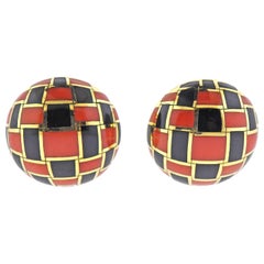 Tiffany & Co Black Jade Coral Gold Checkered Earrings