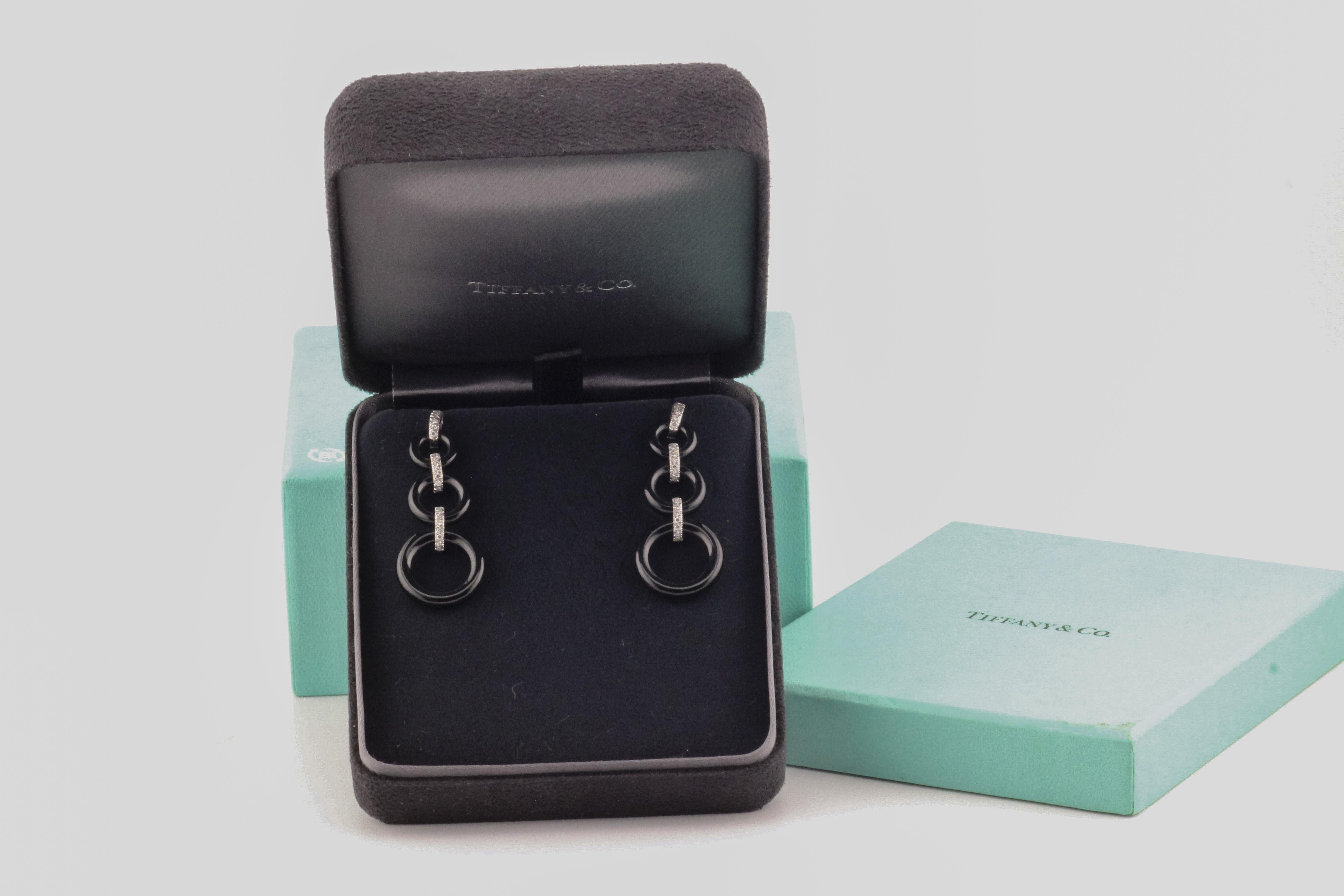 Tiffany & Co. Black Jade Diamond Platinum Circle Drop Earrings For Sale 3