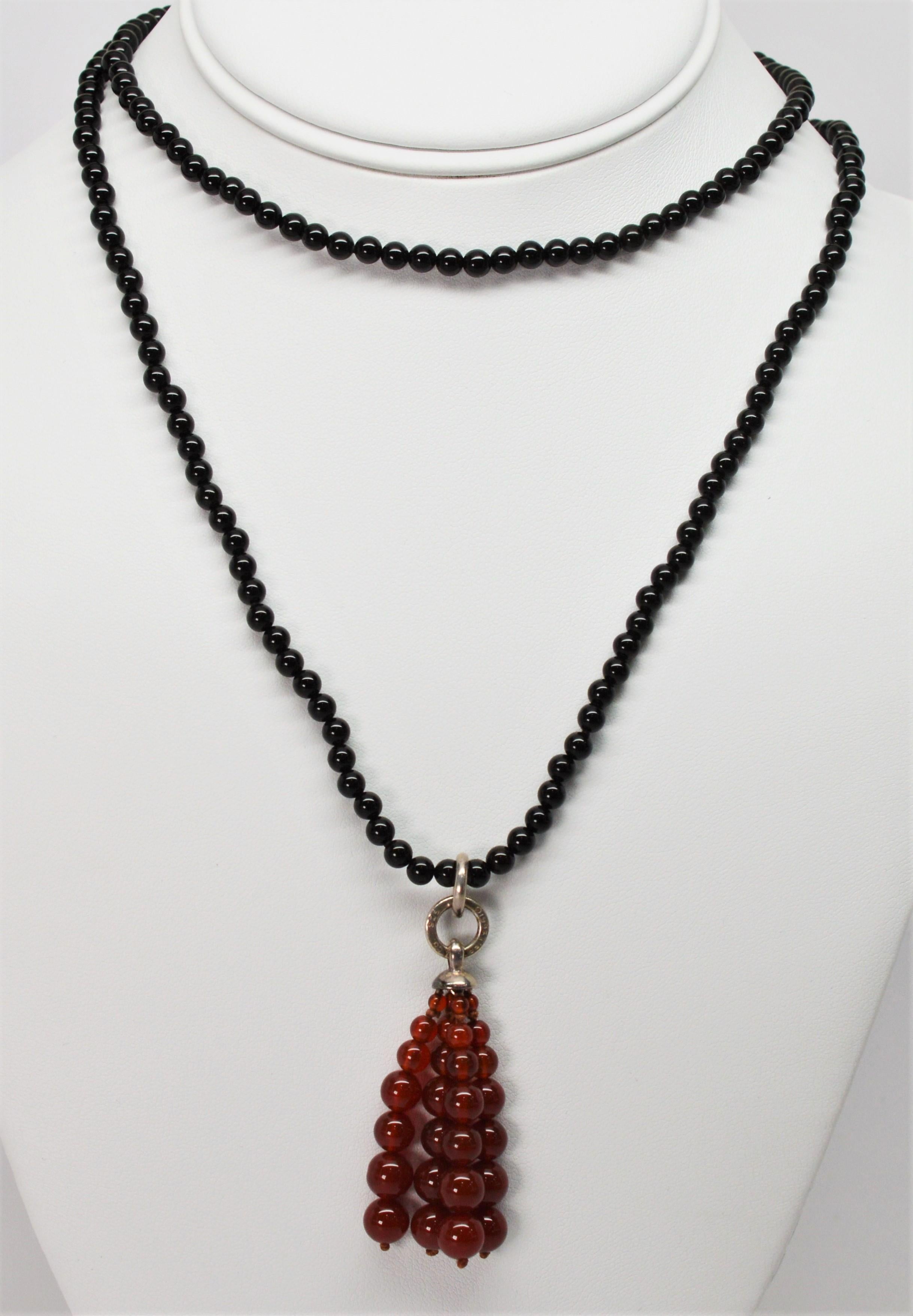 Round Cut Tiffany & Co. Black Onyx and Carnelian Bead Tassel Necklace