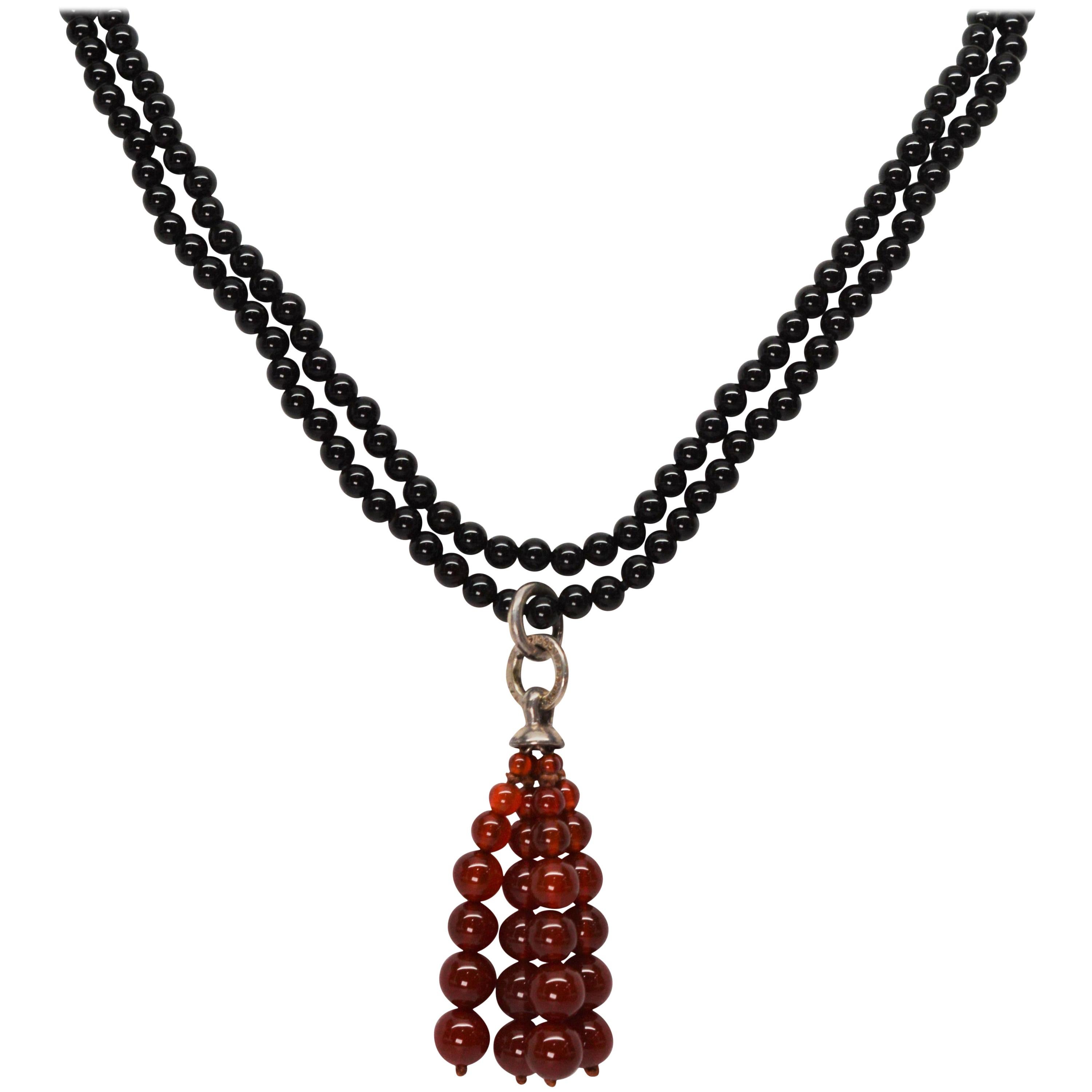 Tiffany & Co. Black Onyx and Carnelian Bead Tassel Necklace