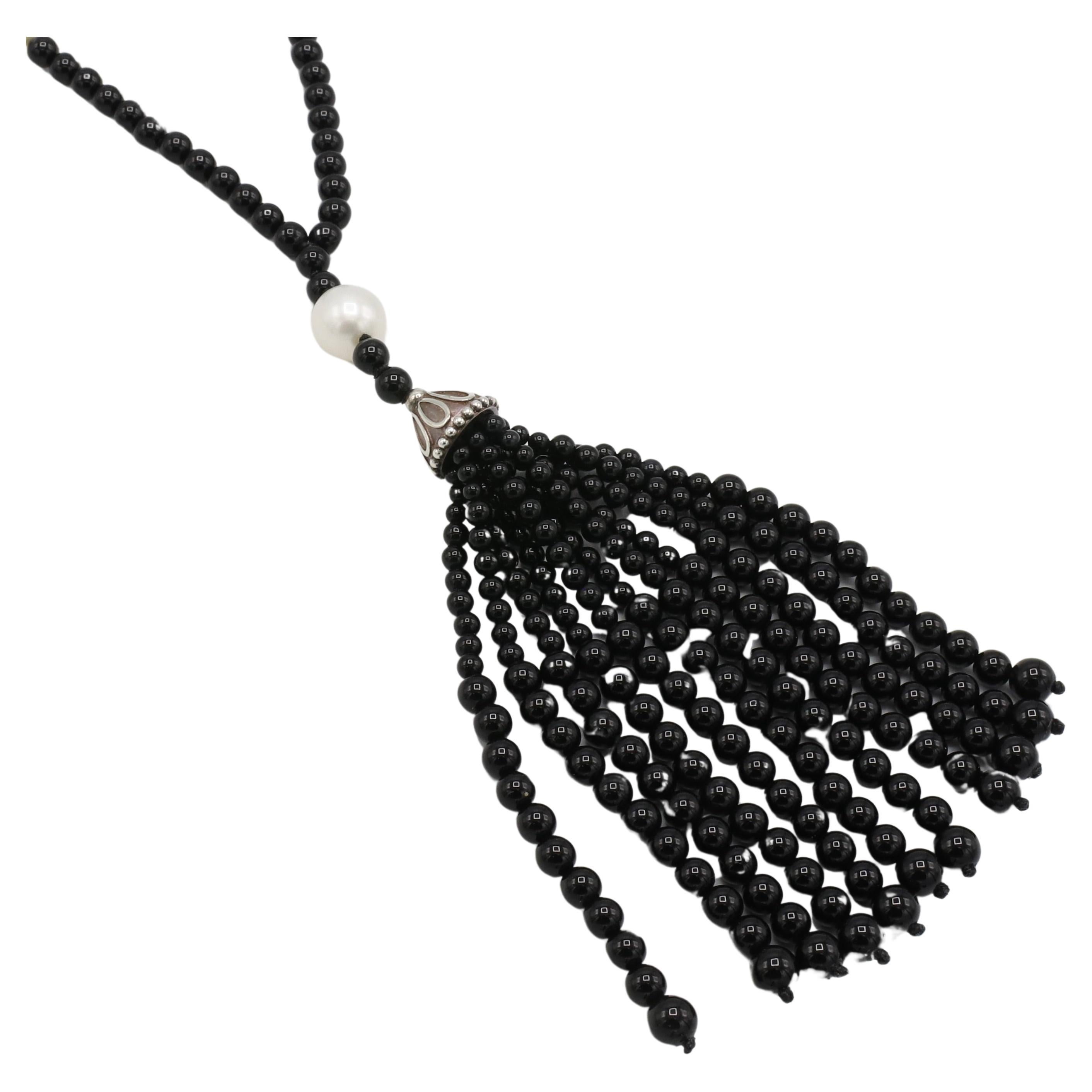 Modern Tiffany & Co Blake Onyx & Pearl Tassel Pendant Drop Necklace