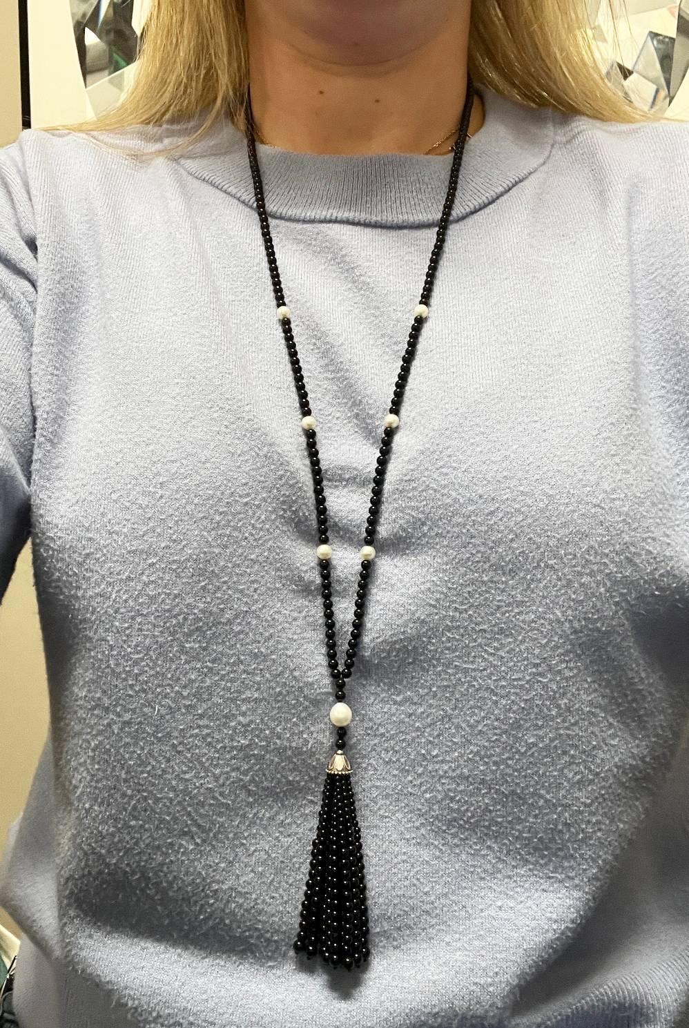 Tiffany & Co Blake Onyx & Pearl Tassel Pendant Drop Necklace In Excellent Condition In  Baltimore, MD