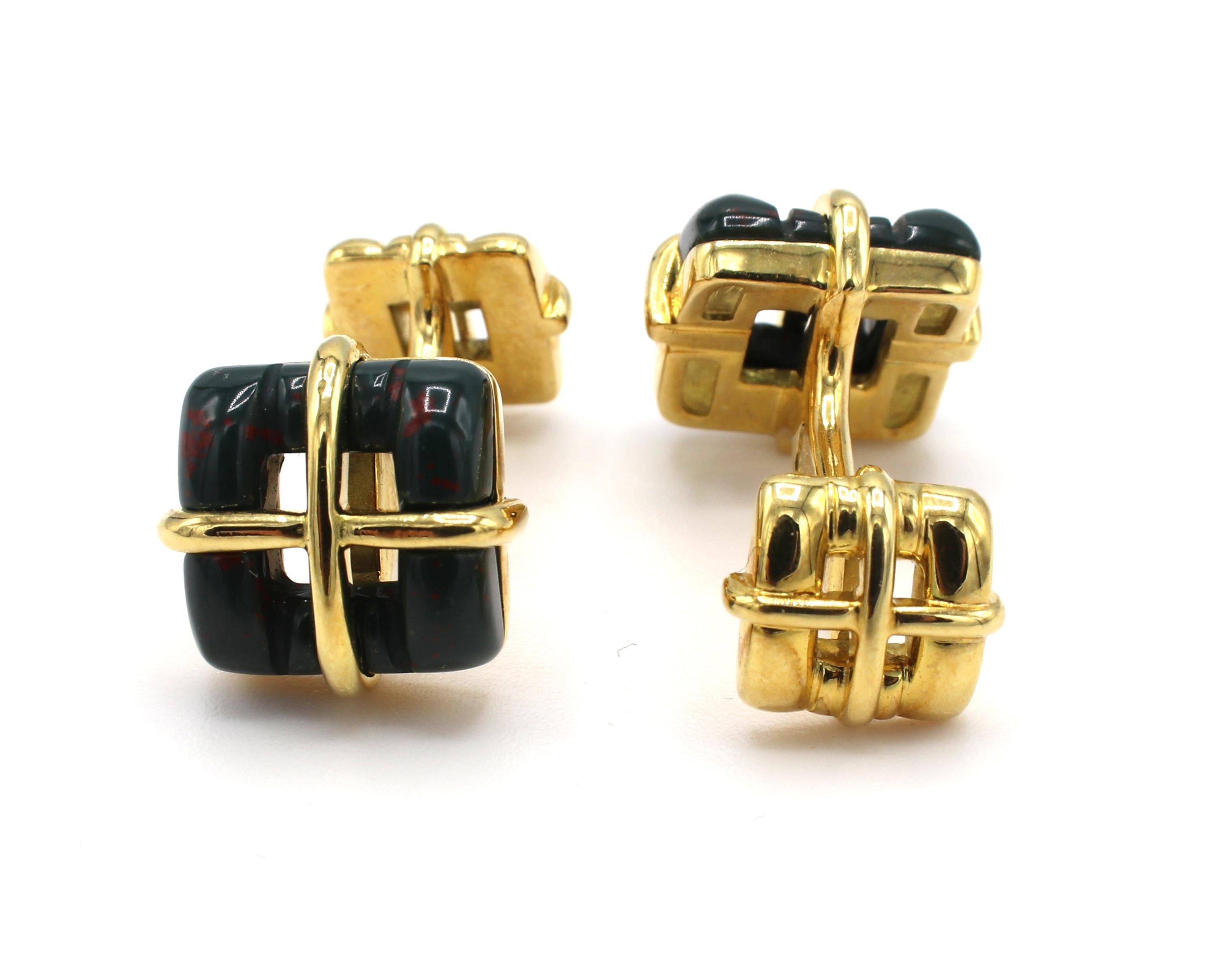 Tiffany & Co. Bloodstone & Gold Square Box Cufflinks 
Metal: 18k yellow gold
Weight: 15.96 grams
Stone: Bloodstone
Signed: 2002 T&Co. 750 Italy 
Length: 25mm
Width: 9.3 - 13.5mm
