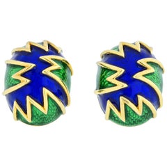 Tiffany & Co. Blue and Green Enamel Oval Yellow Gold Clip Earrings