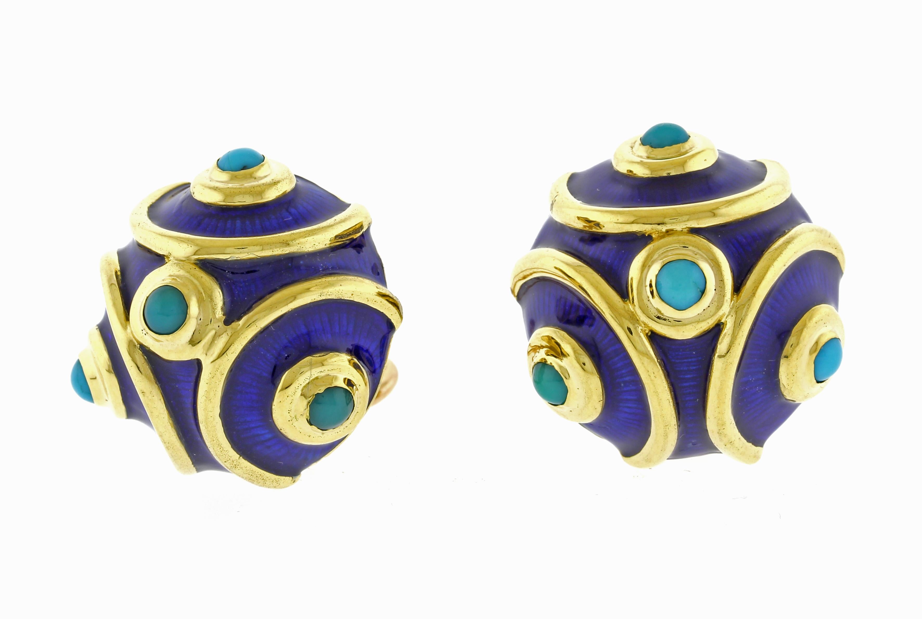 Round Cut Tiffany & Co. Blue Enamel and Turquoise Round Earrings For Sale