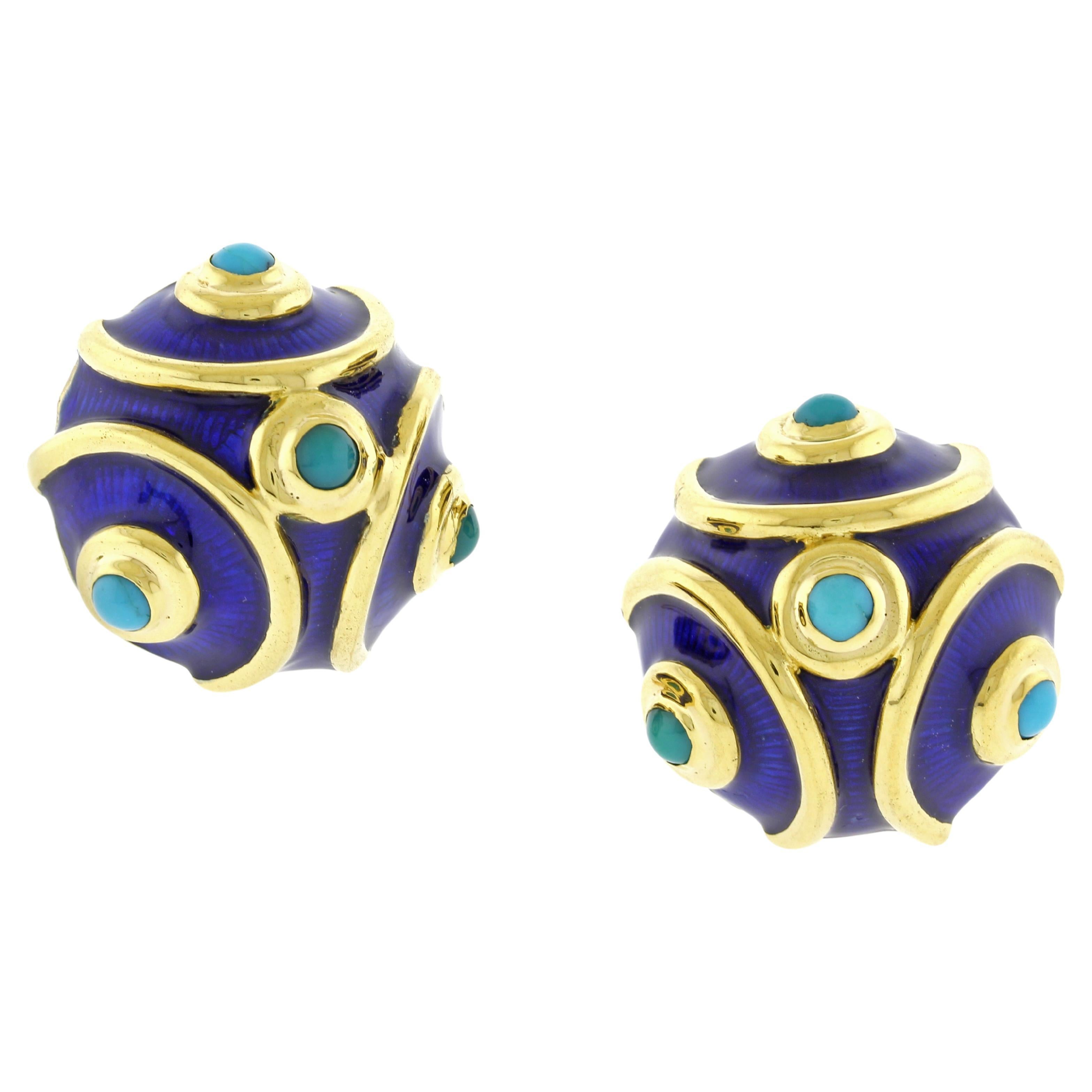 Tiffany & Co. Blue Enamel and Turquoise Round Earrings