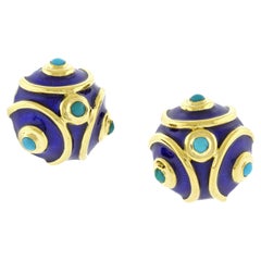Tiffany & Co. Blue Enamel and Turquoise Round Earrings
