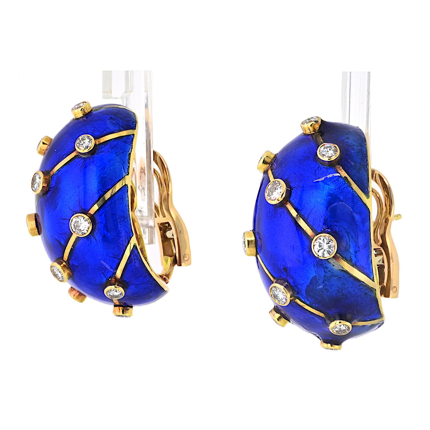 Modern Tiffany & Co. Blue Enamel Diamond Banana Clip-On 18 Karat Yellow Gold Earrings For Sale