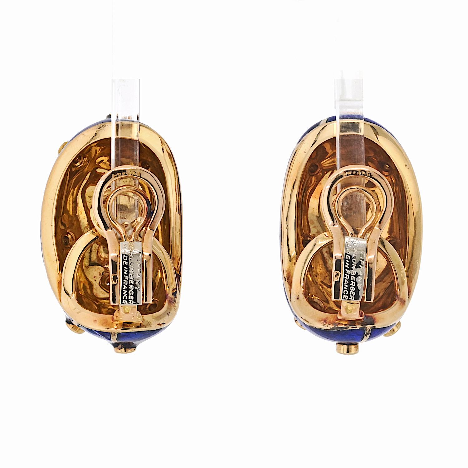 Tiffany & Co. Blue Enamel Diamond Banana Clip-On 18 Karat Yellow Gold Earrings In Excellent Condition For Sale In New York, NY