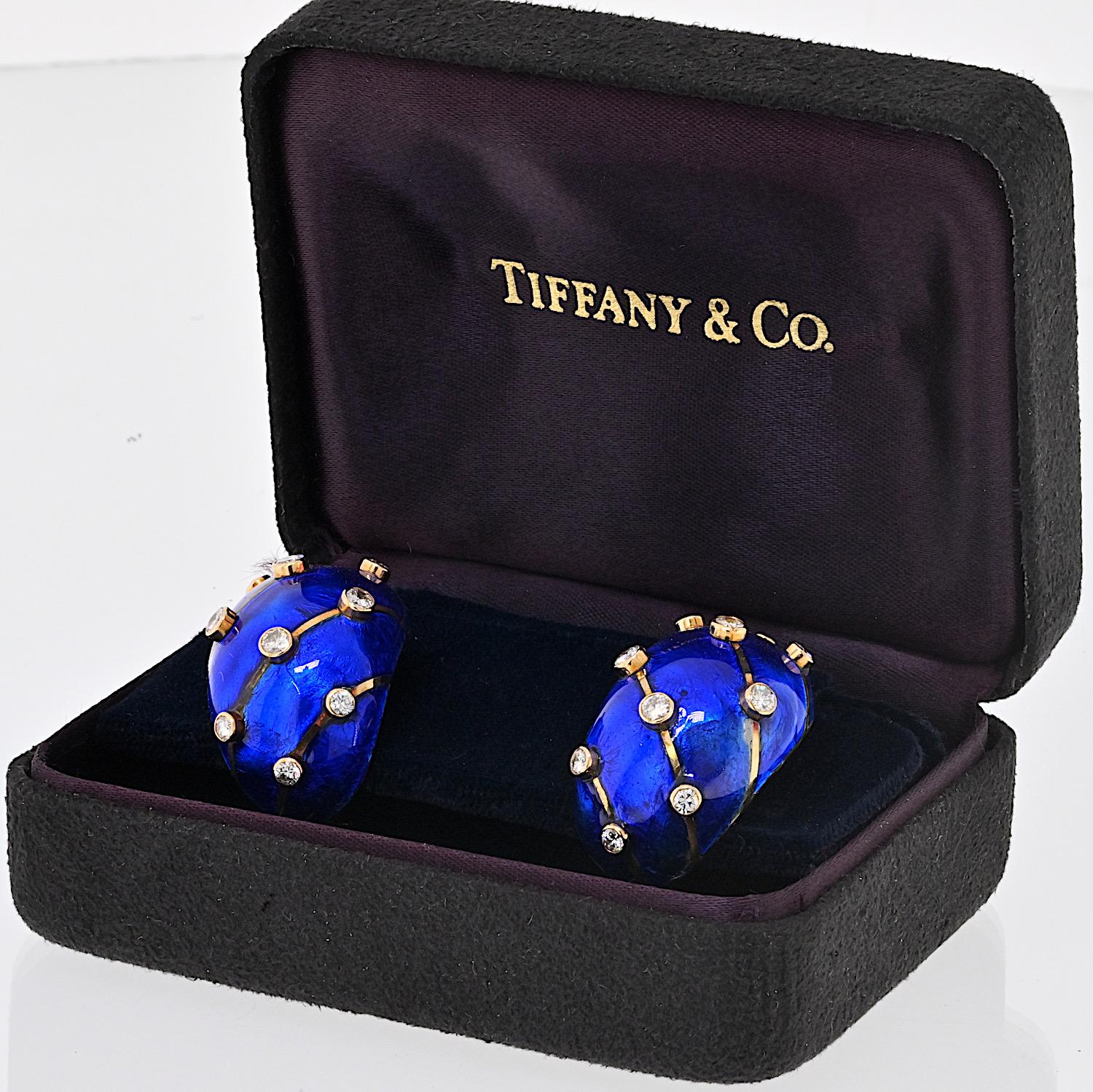 Women's Tiffany & Co. Blue Enamel Diamond Banana Clip-On 18 Karat Yellow Gold Earrings For Sale