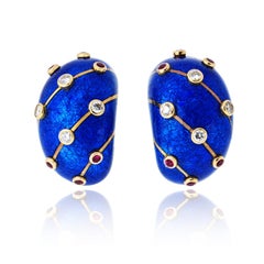 Tiffany & Co. Blue Enamel Diamond Ruby Clip-On 18 Karat Yellow Gold Earrings