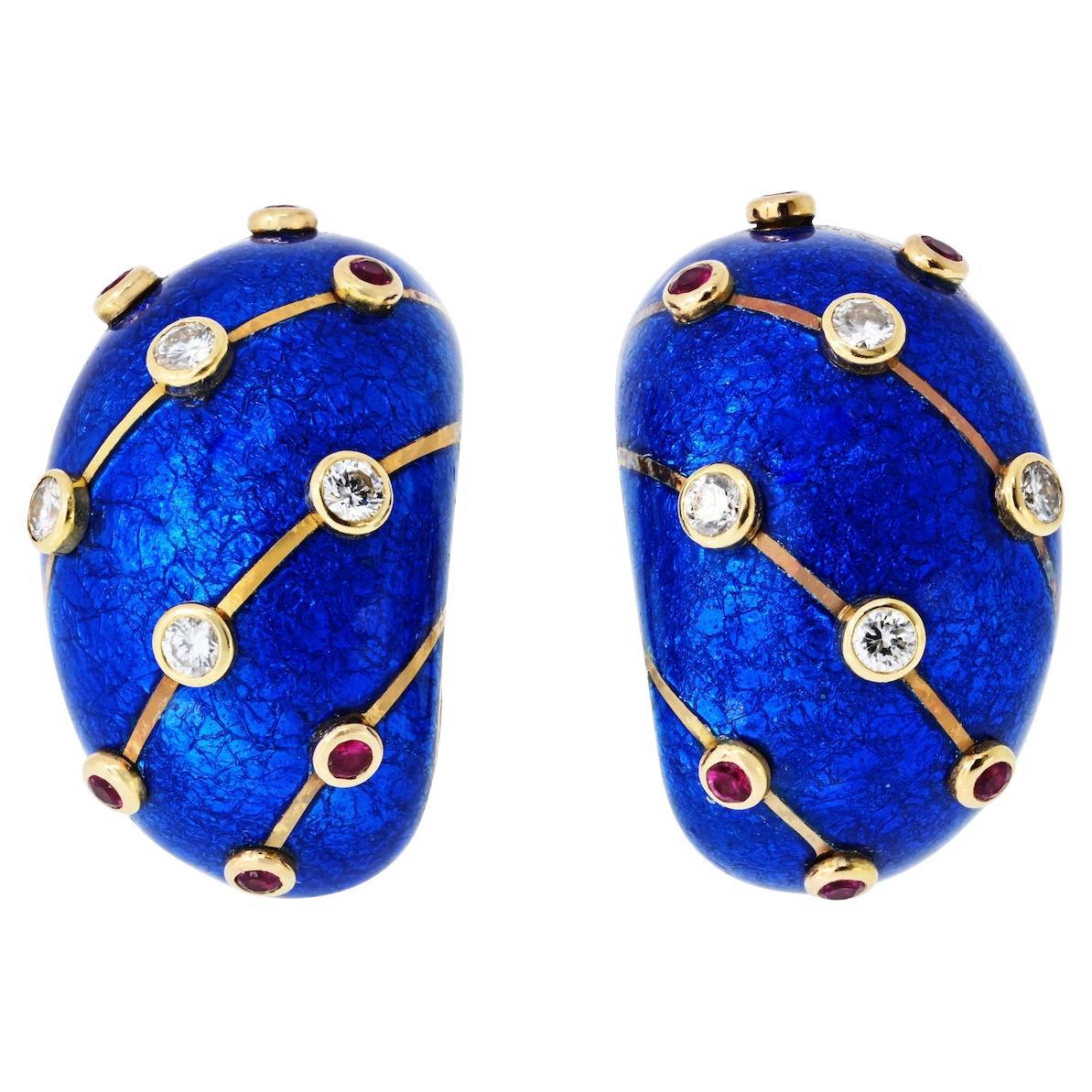 Tiffany & Co. Blue Enamel Diamond Ruby Clip-On 18 Karat Yellow Gold Earrings For Sale