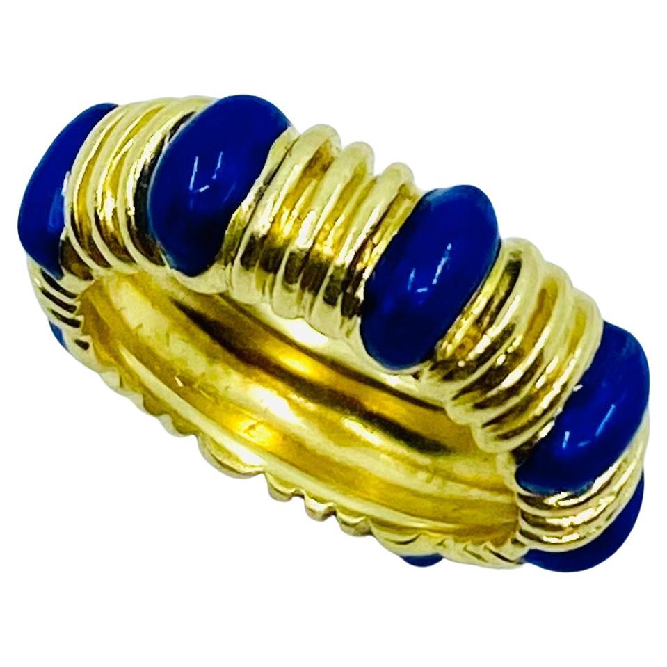 Tiffany & Co. Blue Enamel Gold Band Ring In Good Condition For Sale In Beverly Hills, CA