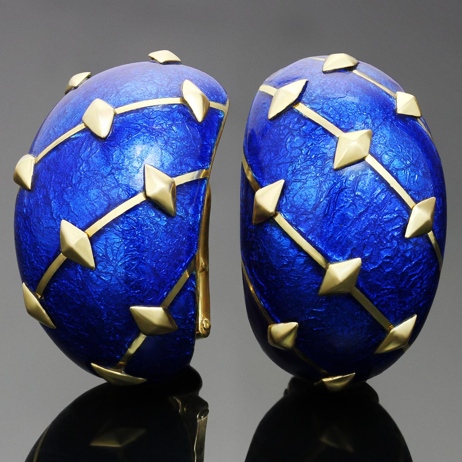 These gorgeous Tiffany earrings are crafted in 18k yellow gold and set with blue enamel. Made in France circa 1990s. Measurements: 0.66