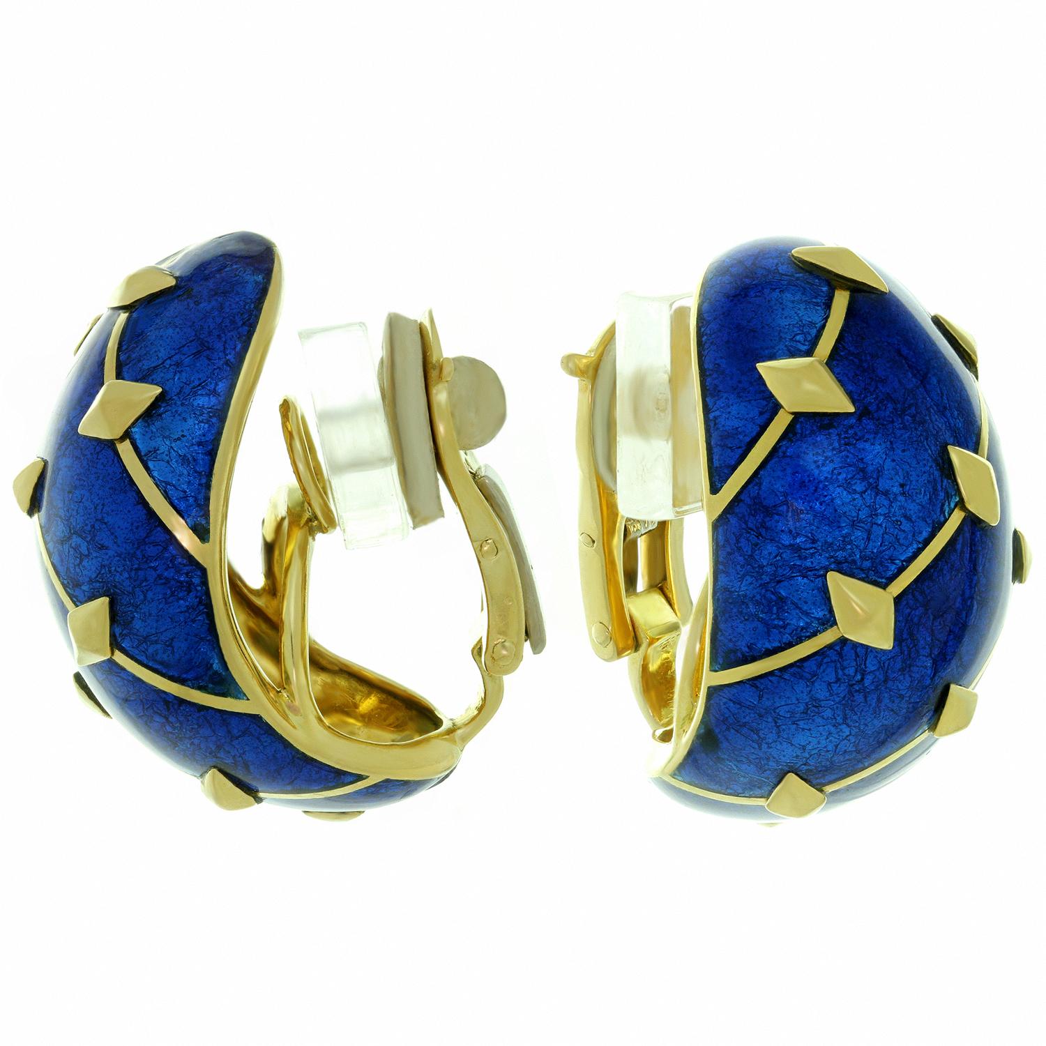 Tiffany & Co. Blue Enamel Yellow Gold Clip-On Earrings In Good Condition In New York, NY