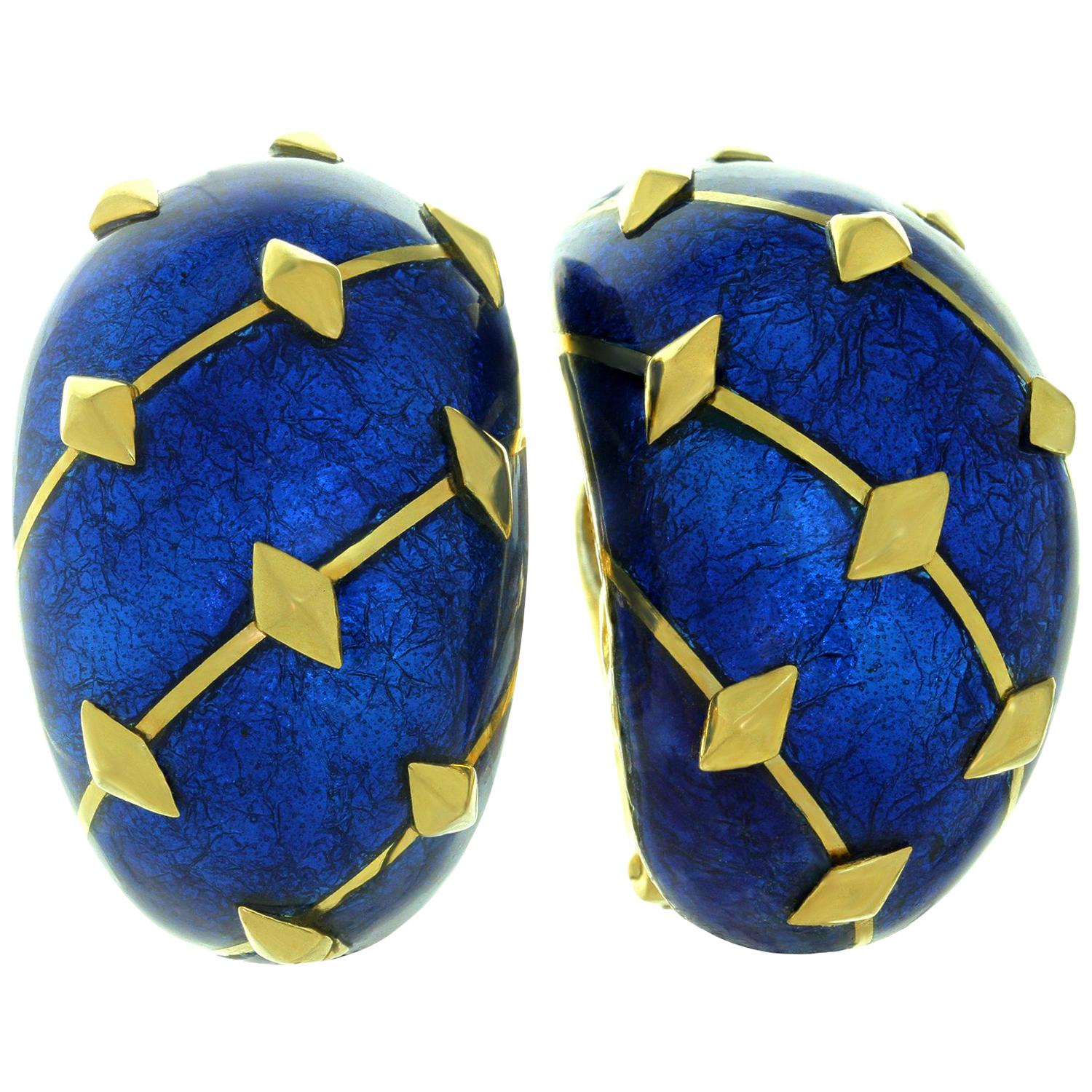 Tiffany & Co. Blue Enamel Yellow Gold Clip-On Earrings
