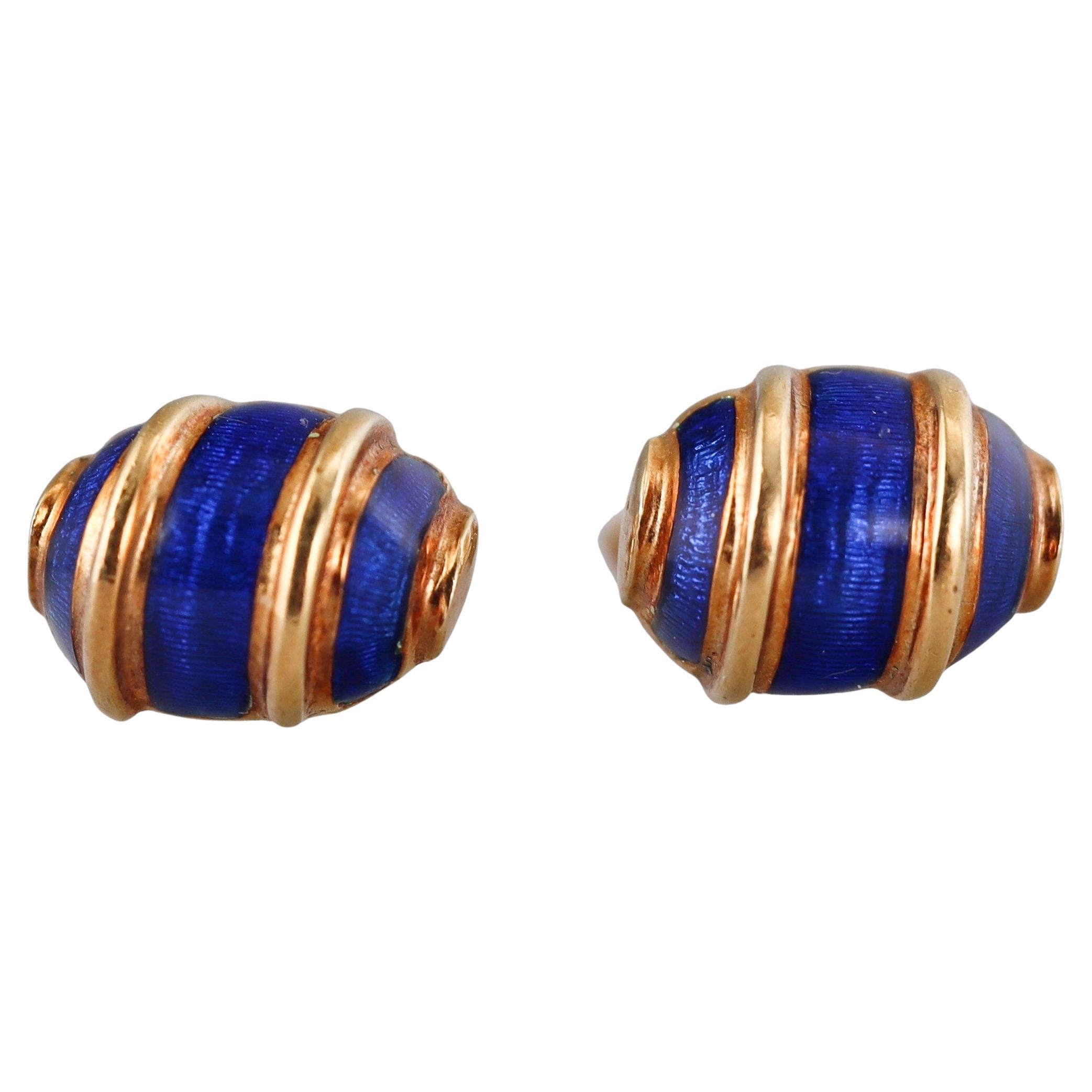 Tiffany & Co Blue Enamel Yellow Gold Stud Earrings