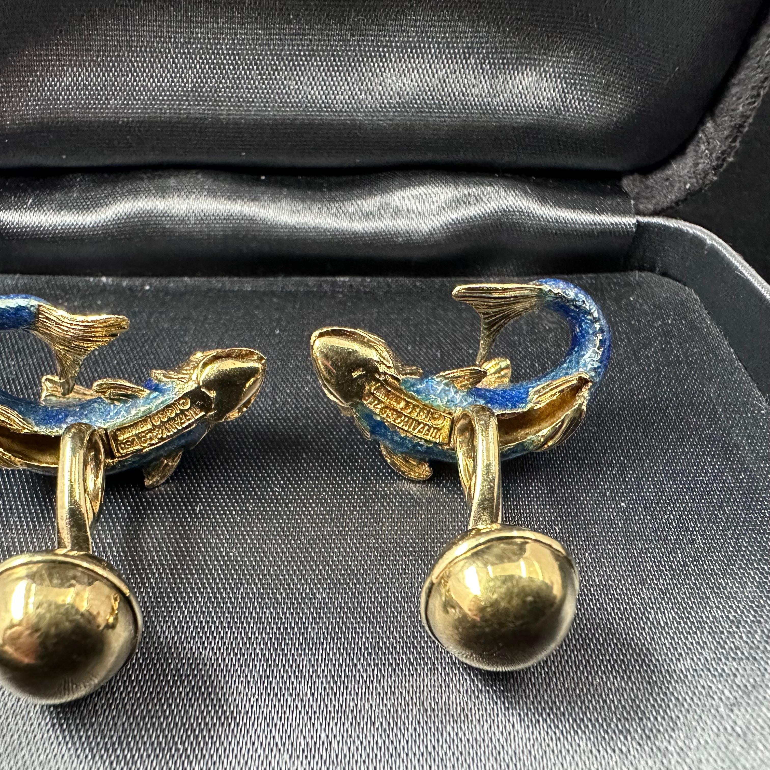 Boutons de manchette Tiffany & Co en or jaune 18 carats émaillé bleu  en vente 1