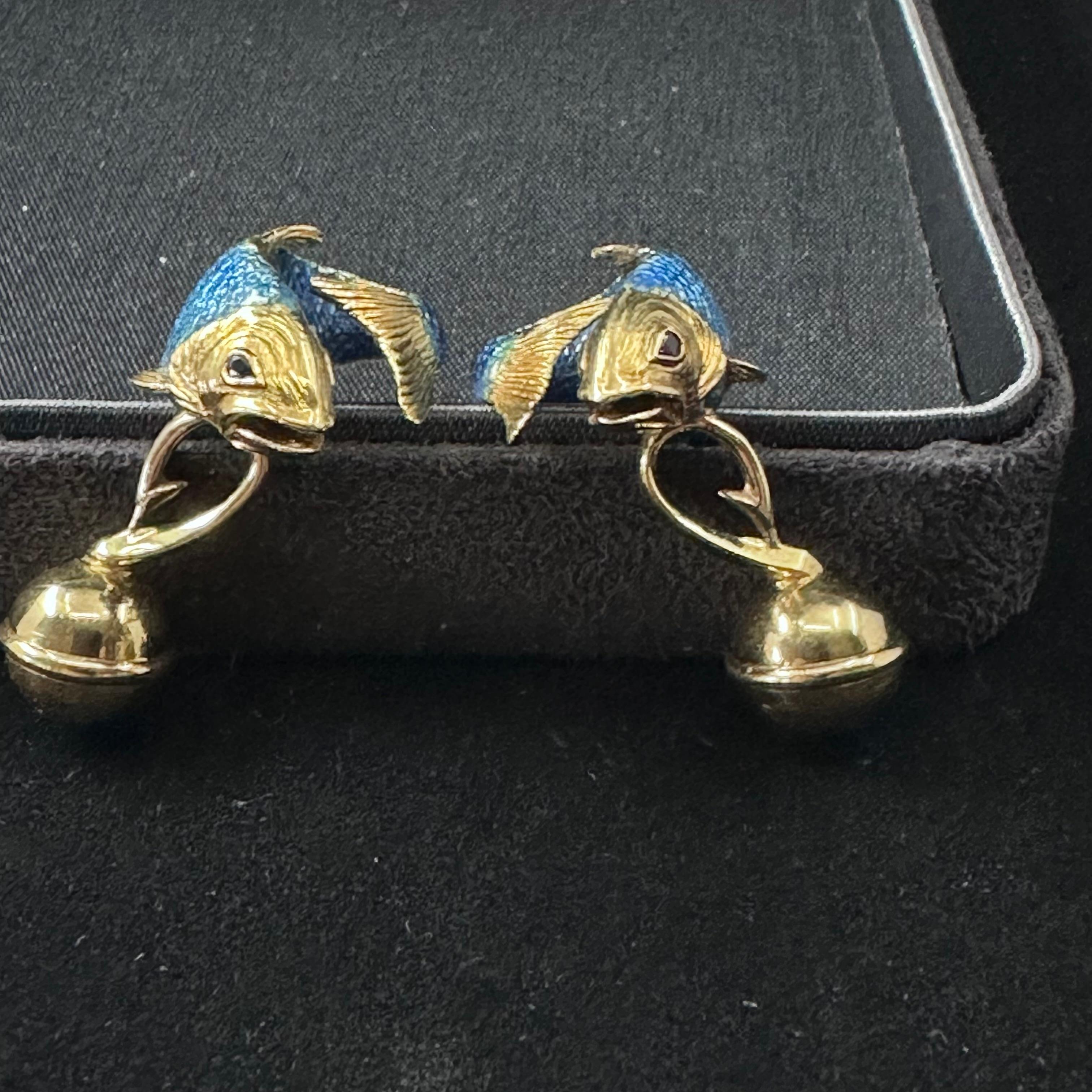 Boutons de manchette Tiffany & Co en or jaune 18 carats émaillé bleu  en vente 3