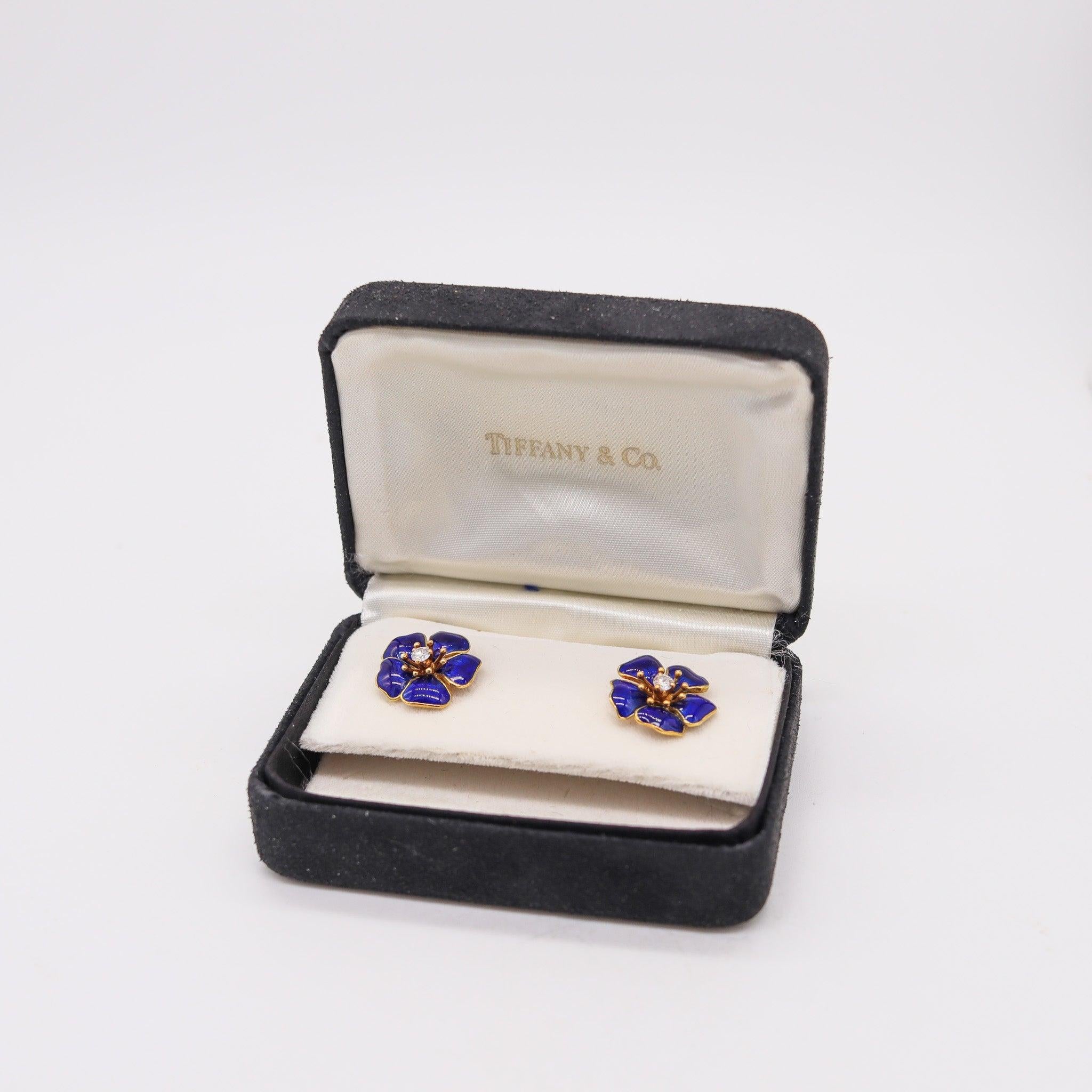 TIFFANY & CO. Pendientes Flores Esmaltadas Azul Oro Amarillo 18Kt Con Diamantes VS Corte brillante en venta