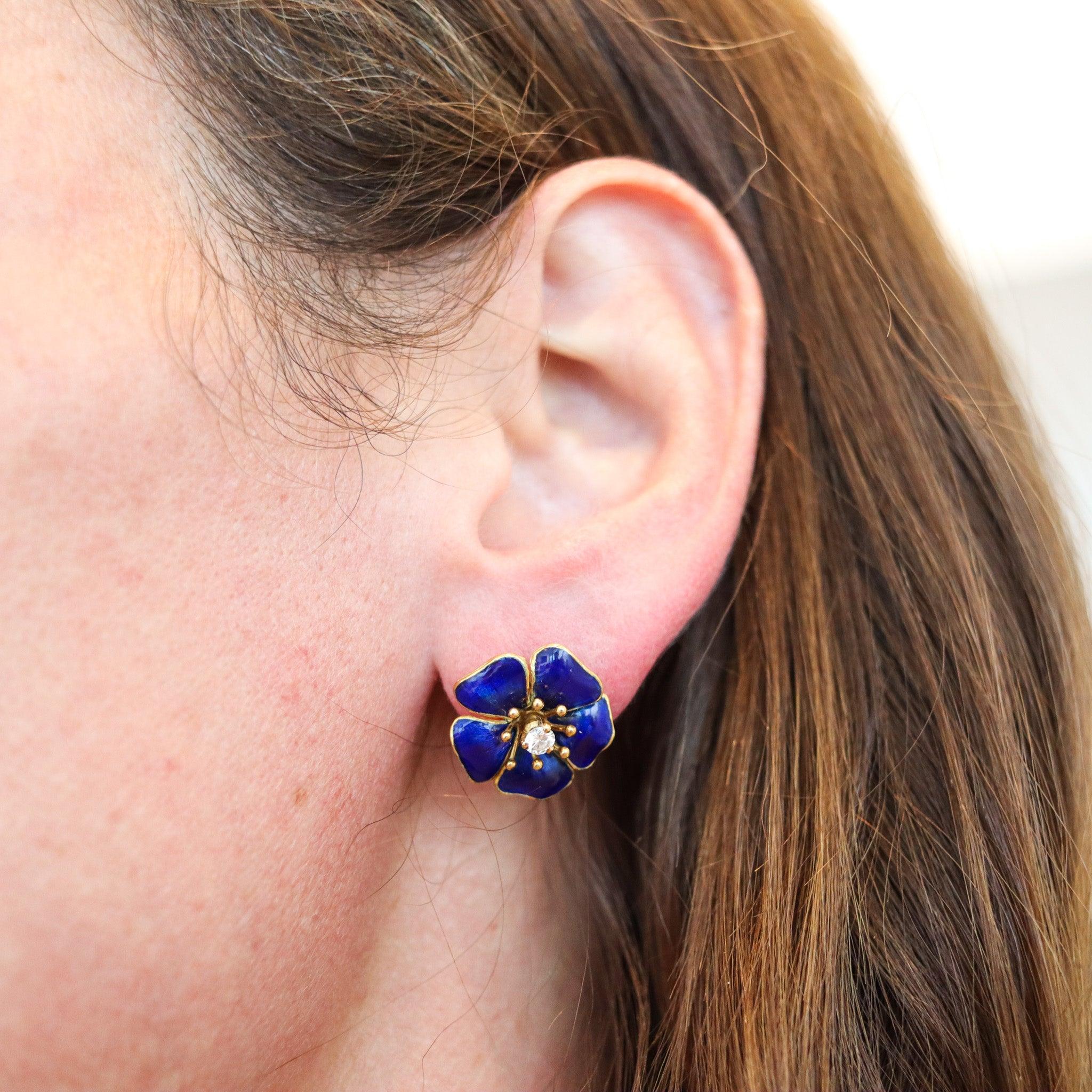 TIFFANY & CO. Pendientes Flores Esmaltadas Azul Oro Amarillo 18Kt Con Diamantes VS en venta 1